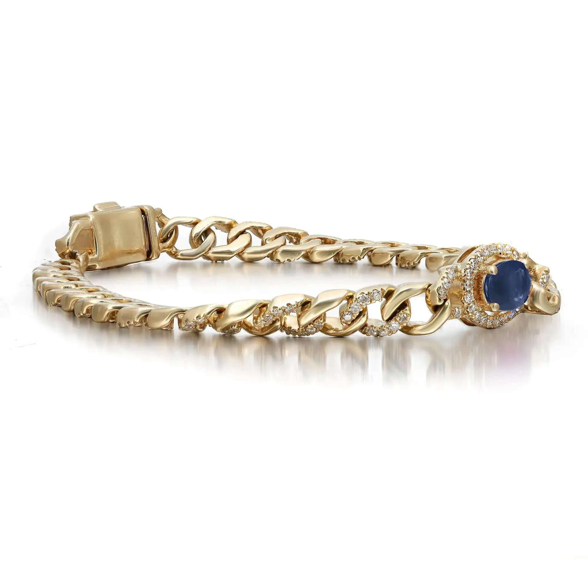 Modern Blue Sapphire & Pave Diamond Chain Bracelet 14K Yellow Gold  For Sale