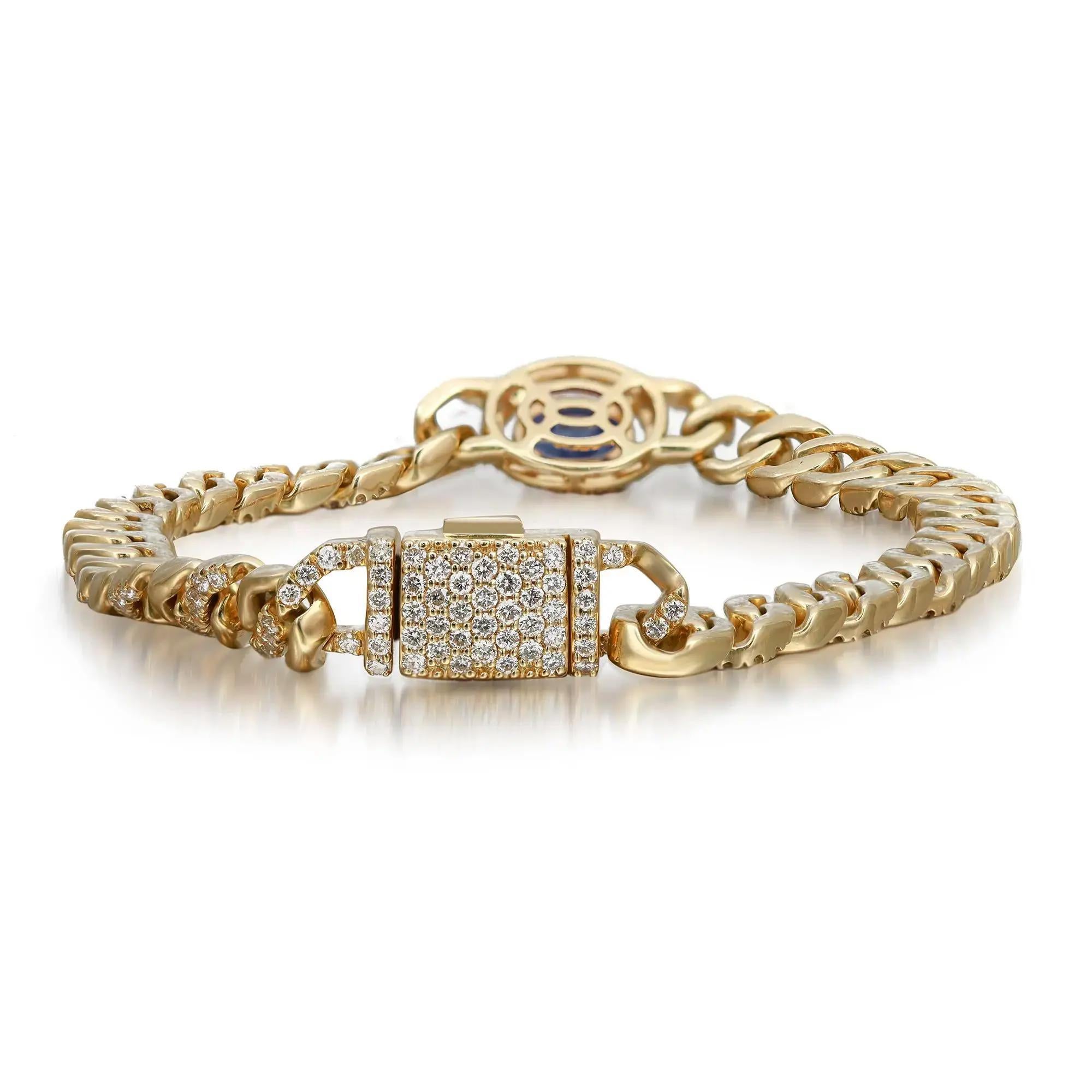 Oval Cut Blue Sapphire & Pave Diamond Chain Bracelet 14K Yellow Gold  For Sale
