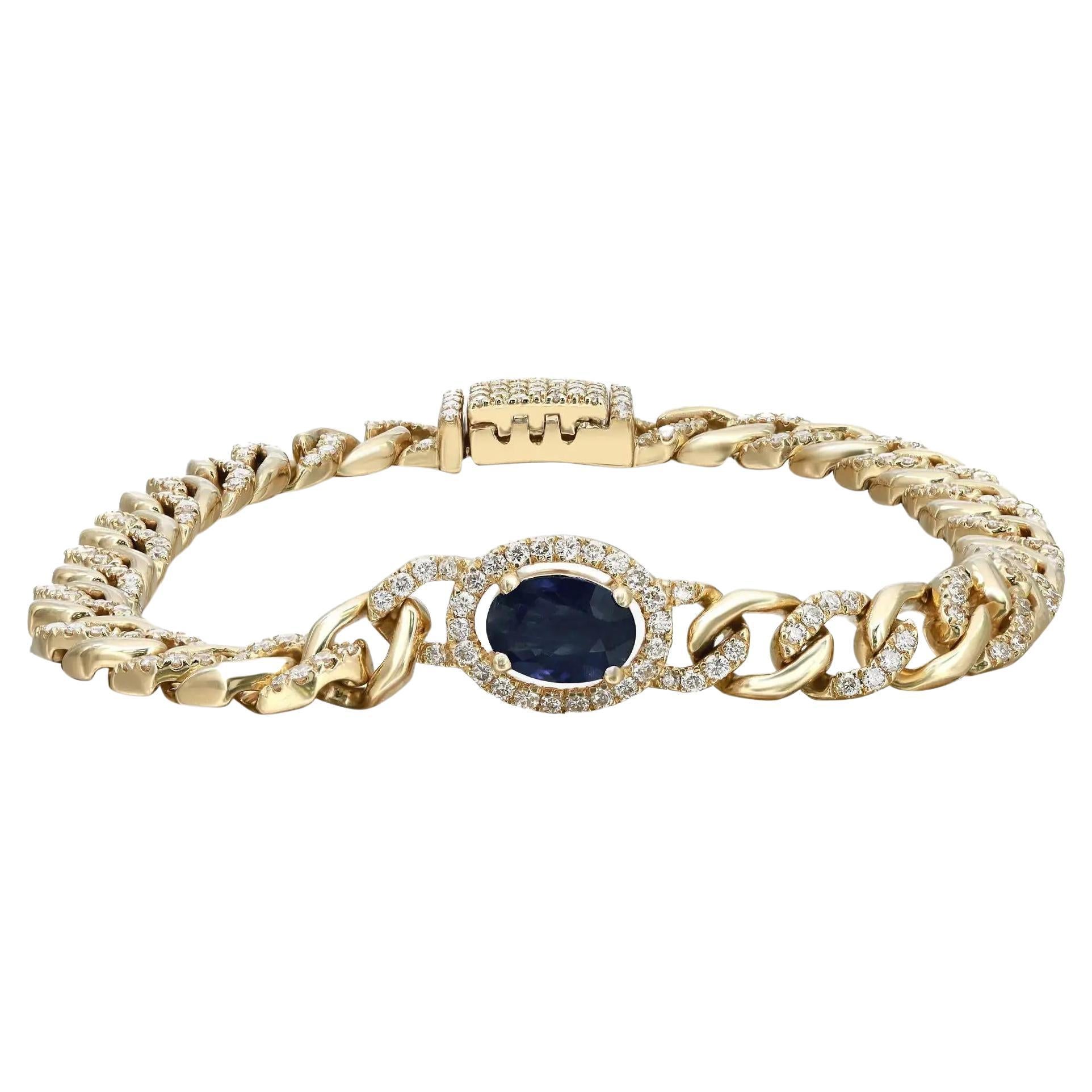 Blue Sapphire & Pave Diamond Chain Bracelet 14K Yellow Gold  For Sale