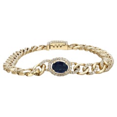 Blue Sapphire & Pave Diamond Chain Bracelet 14K Yellow Gold 