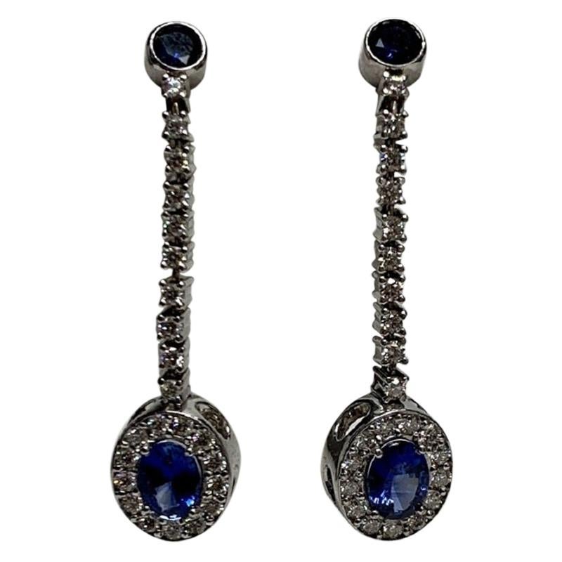 Blue Sapphire, Pavé Diamond, White Gold Earrings For Sale