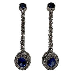 Blue Sapphire, Pavé Diamond, White Gold Earrings