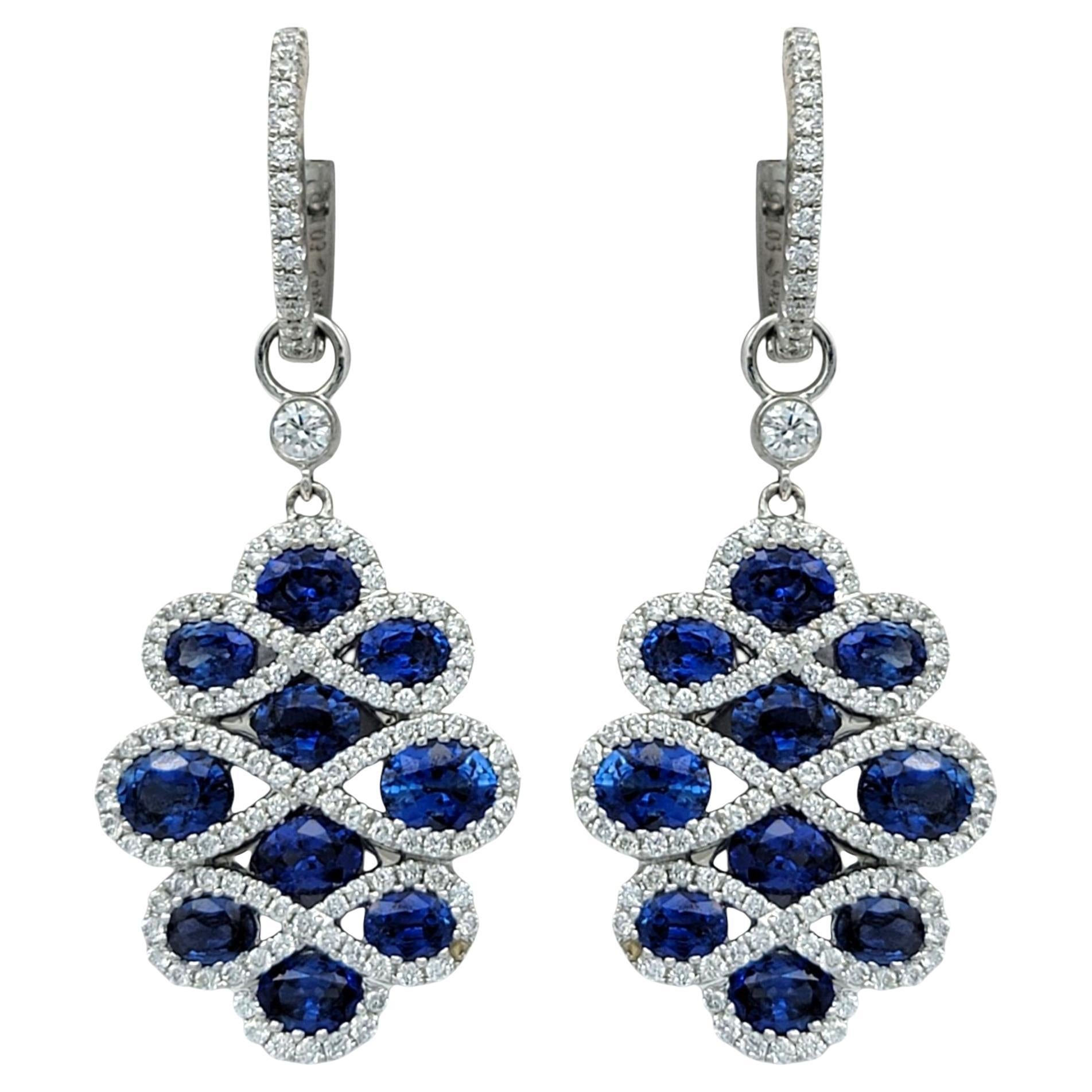 Blue Sapphire & Pavé Diamond Swirl Motif Dangle Earrings in 18 Karat White Gold