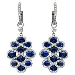 Blue Sapphire & Pavé Diamond Swirl Motif Dangle Earrings in 18 Karat White Gold