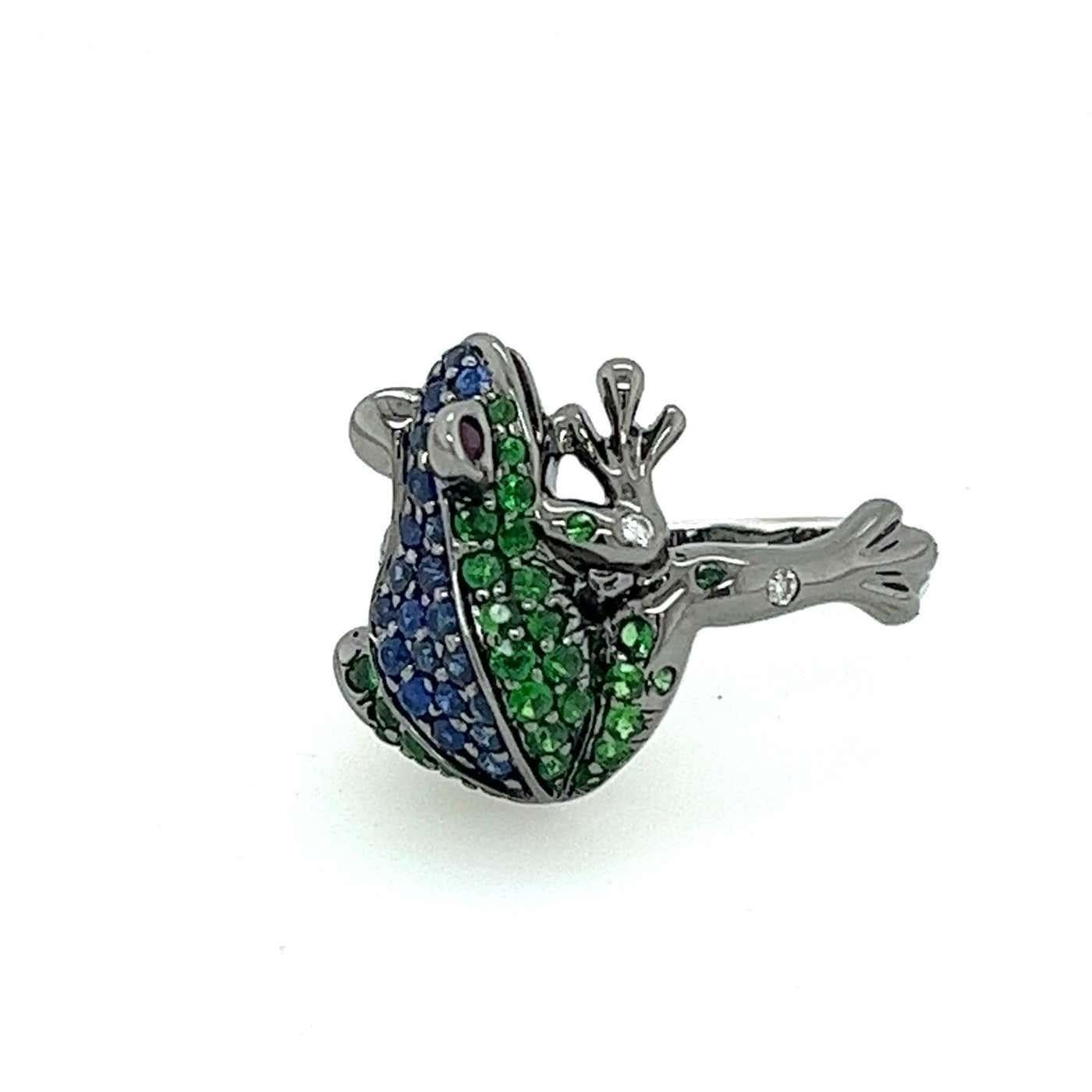Mixed Cut Blue Sapphire Pave & Green Tsavorite Frog 18K White Gold Statement Animal Ring For Sale