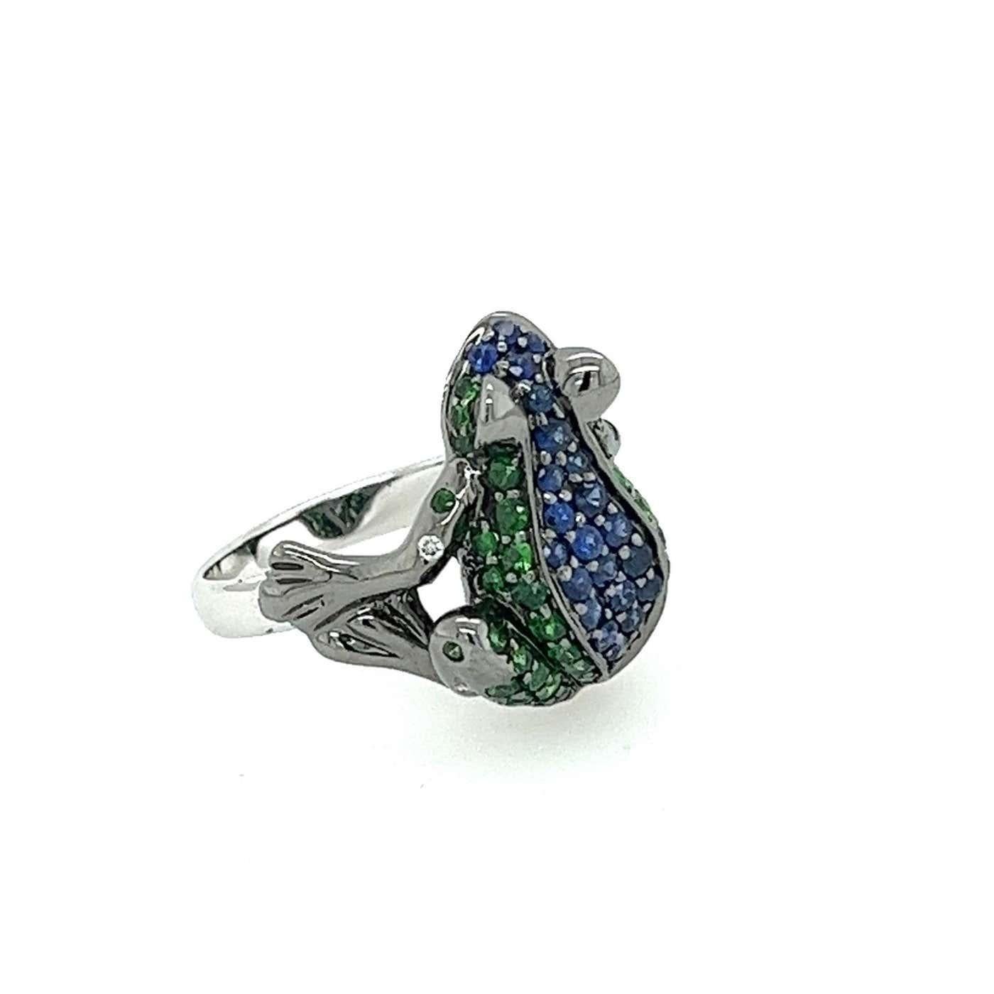 Blue Sapphire Pave & Green Tsavorite Frog 18K White Gold Statement Animal Ring In New Condition For Sale In Oakton, VA