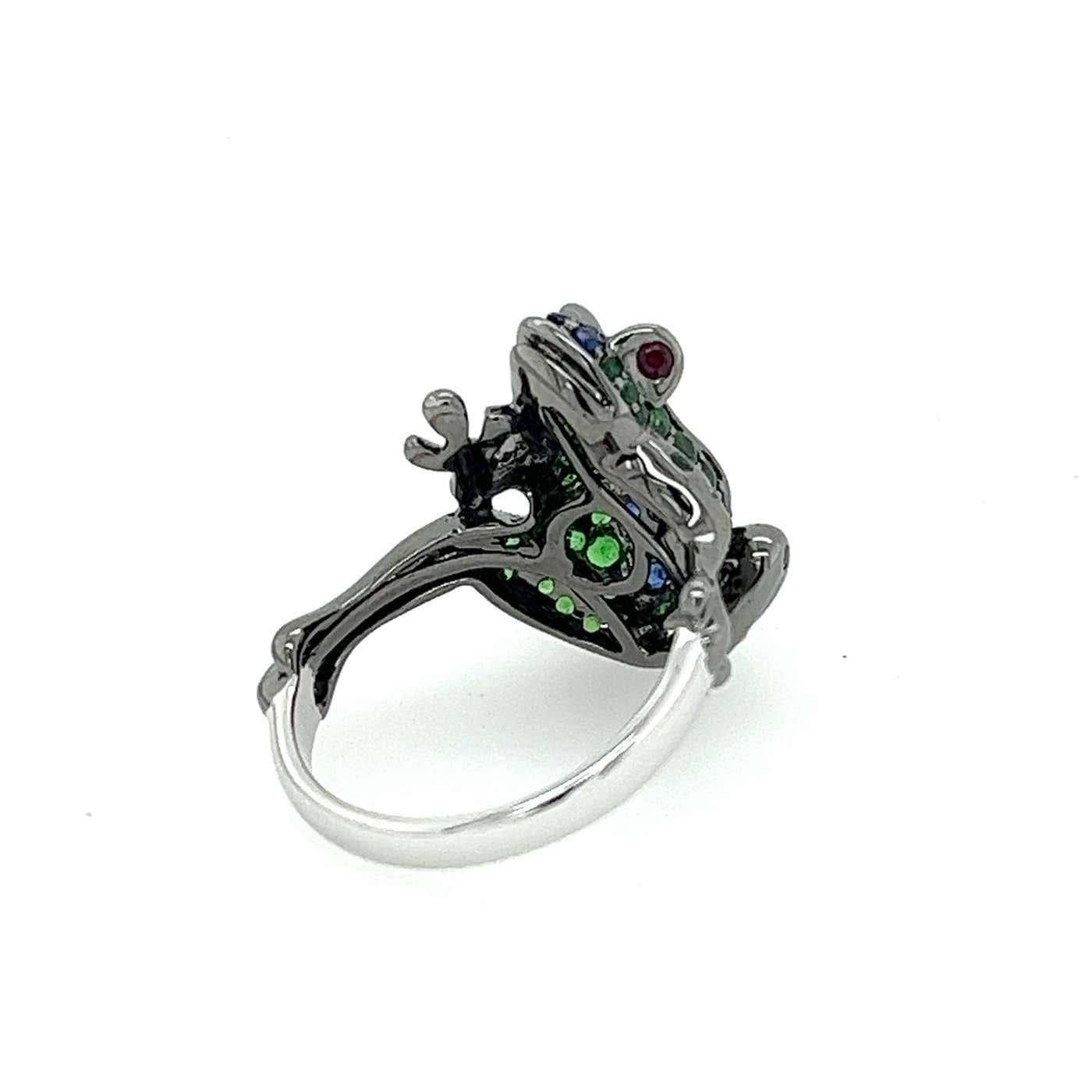 Women's Blue Sapphire Pave & Green Tsavorite Frog 18K White Gold Statement Animal Ring For Sale