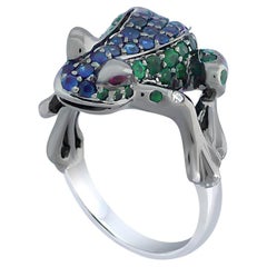 Blue Sapphire Pave & Green Tsavorite Frog 18K White Gold Statement Animal Ring