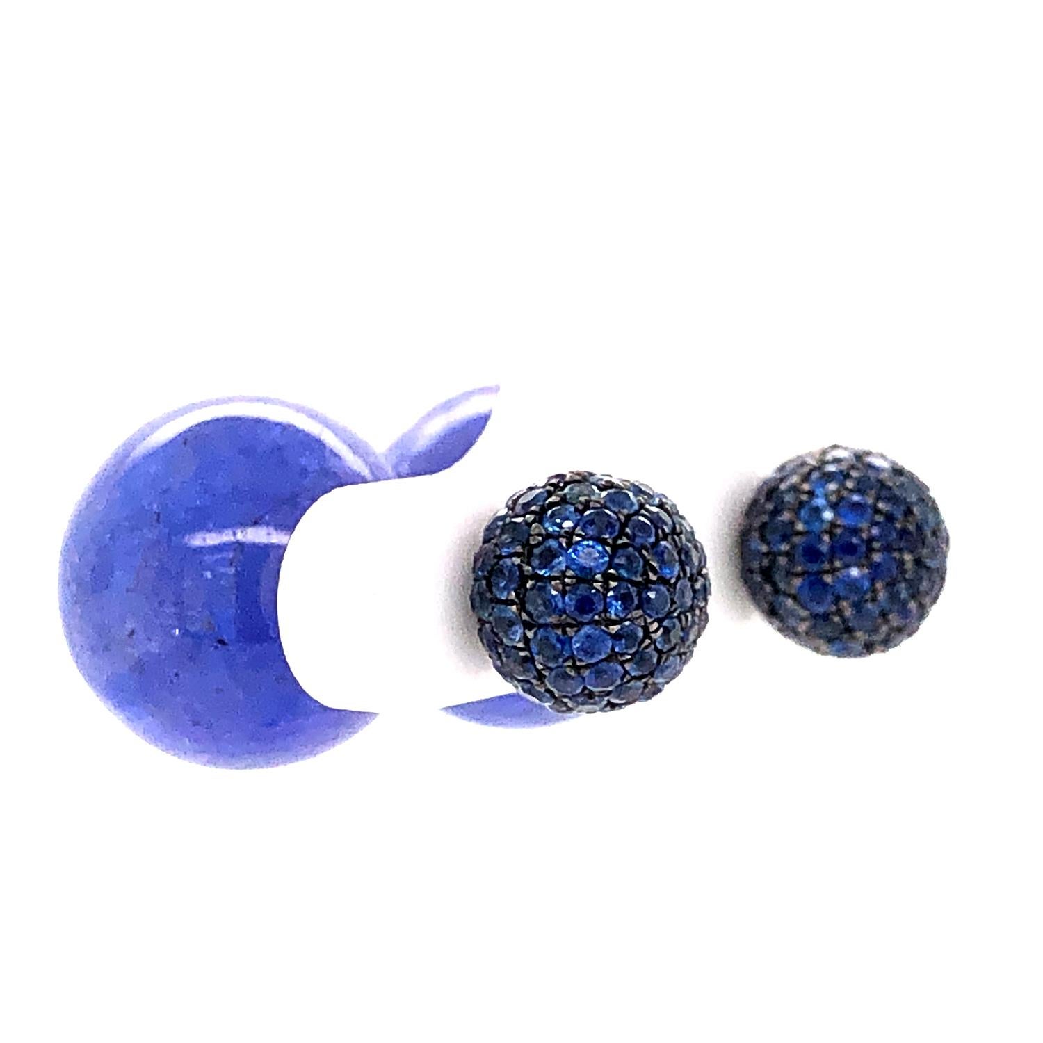 Art Deco Blue Sapphire Pave & Tanzanite Ball Earrings Made In 14k Gold For Sale
