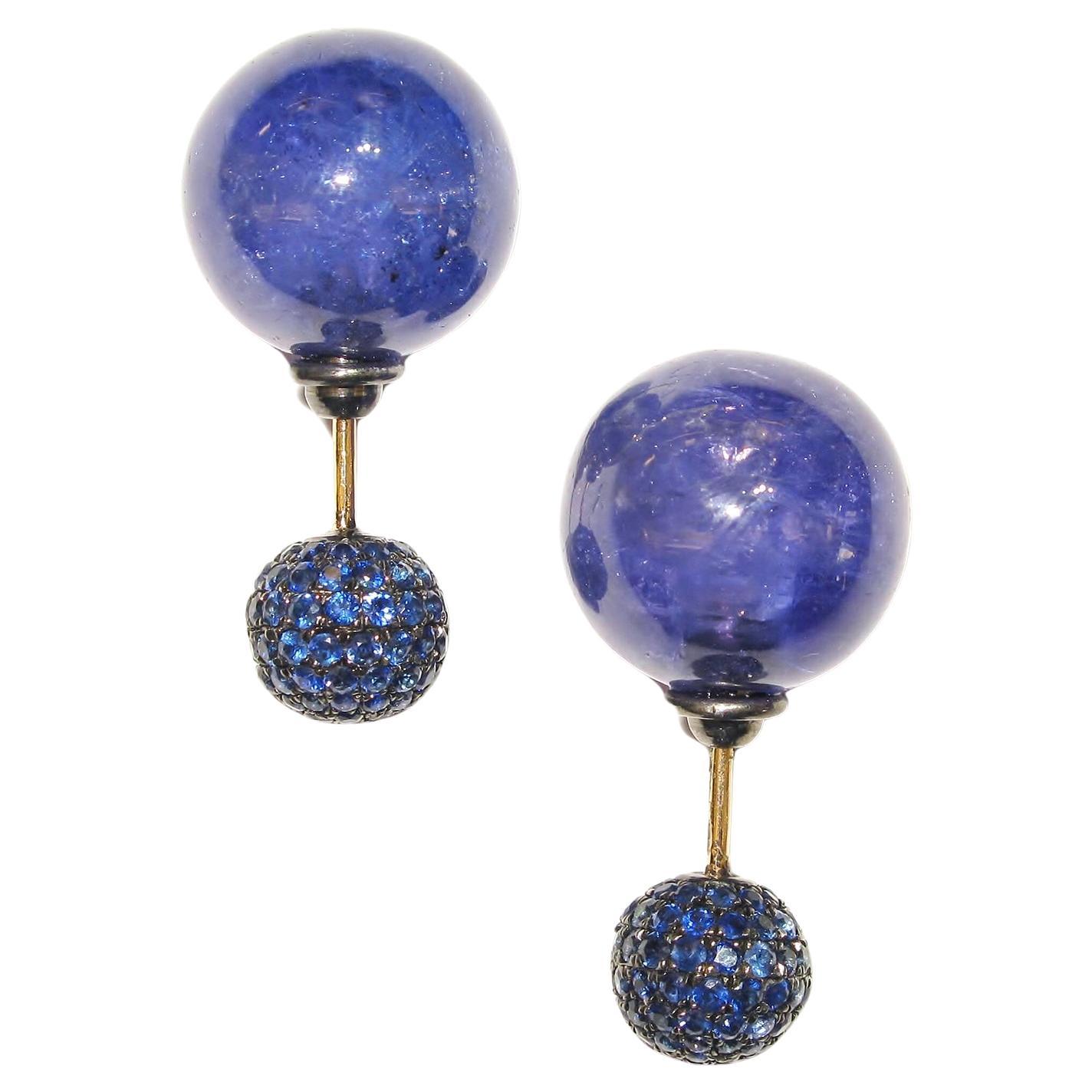 Blue Sapphire Pave & Tanzanite Ball Earrings Made In 14k Gold For Sale