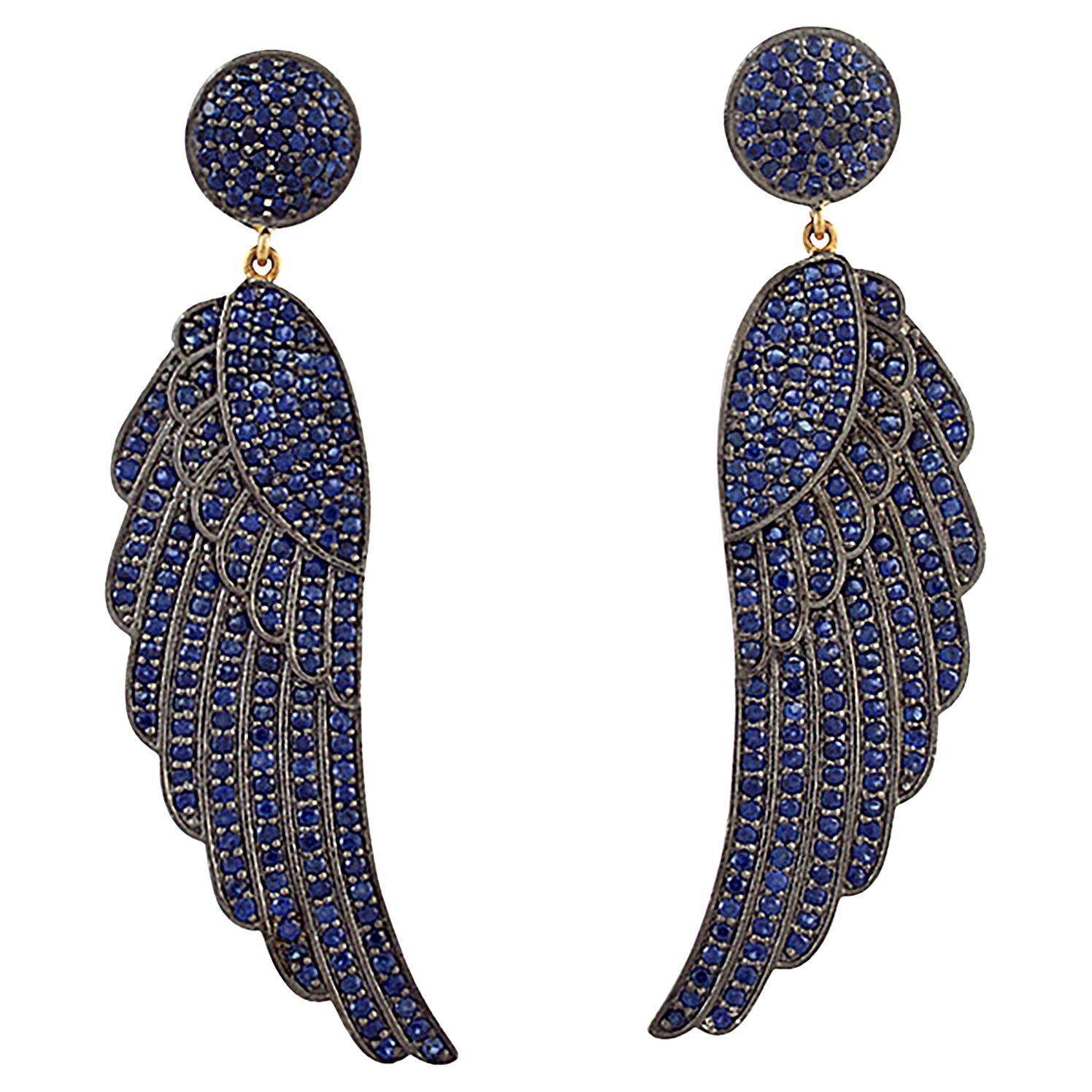 Blue Sapphire Pave Wing Earrings In 18K Gold 
Silver For Sale