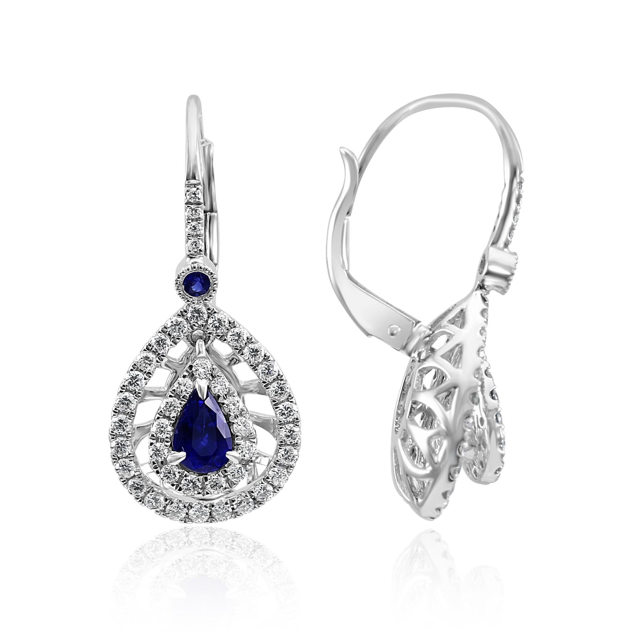 Gorgeous 2 Blue Sapphire Pear 1.10 Carat Encircled in Double Halo of 84 White G-H Color VS-SI Round Diamonds 0.98  Carat with 2 Blue Sapphire Round 0.07 carat on Top set in stunning 14K White Gold Dangle Drop Fashion Clip on Earrings.

Total Stone