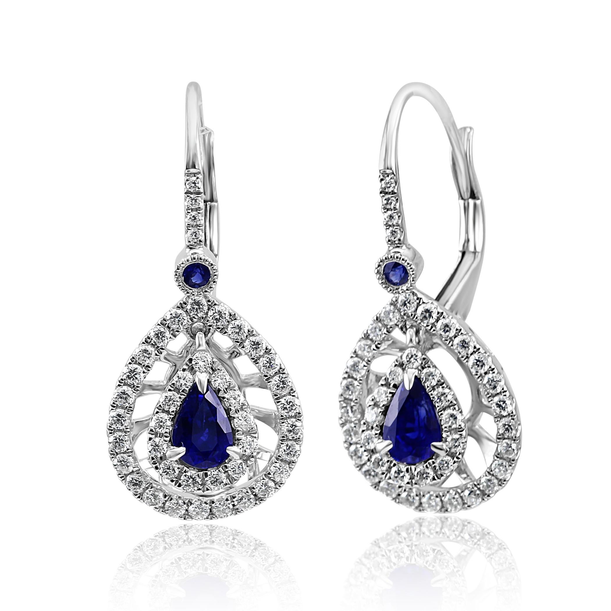 Modern Blue Sapphire Pear Diamond Double Halo Gold Dangle Drop Fashion Clip-On Earrings