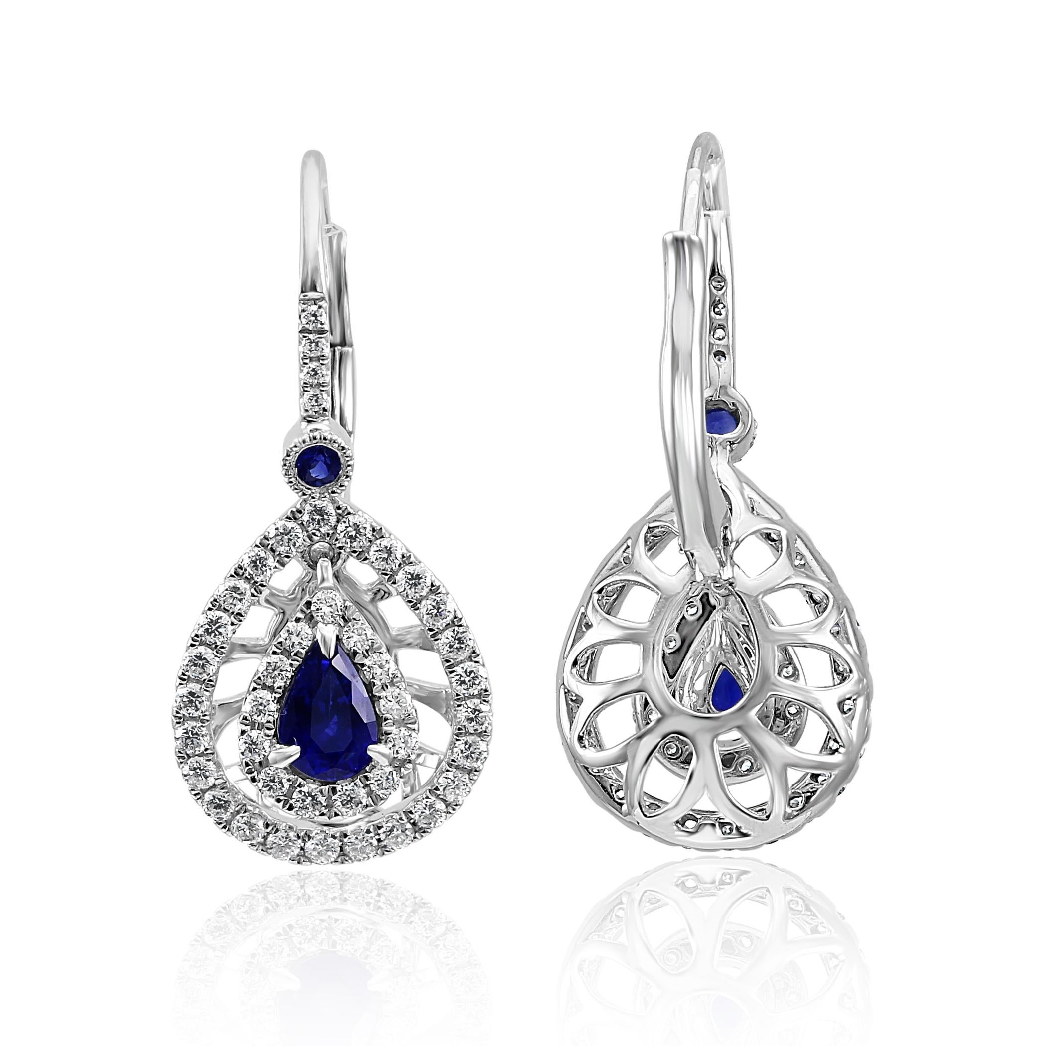 Blue Sapphire Pear Diamond Double Halo Gold Dangle Drop Fashion Clip-On Earrings In New Condition In NEW YORK, NY