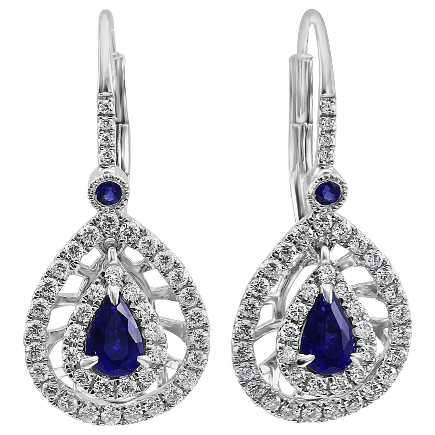 Blue Sapphire Pear Diamond Double Halo Gold Dangle Drop Fashion Clip-On Earrings