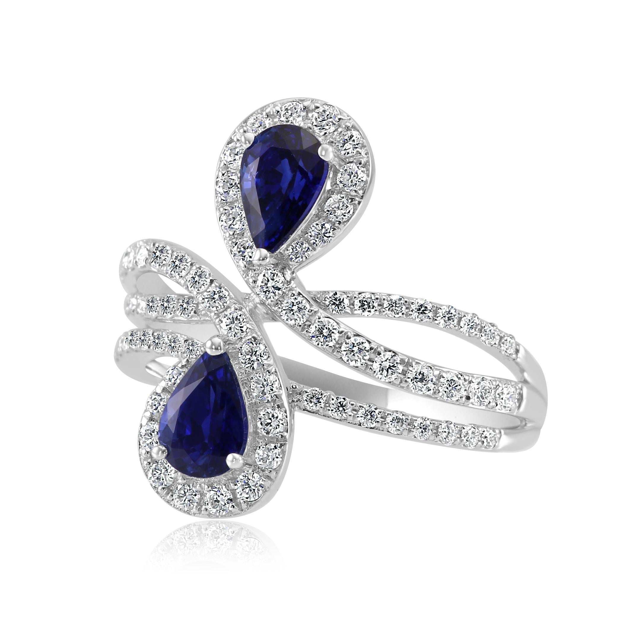 Contemporary Blue Sapphire Pear Diamond Round Halo White Gold Fashion Cocktail Toi Moi Ring