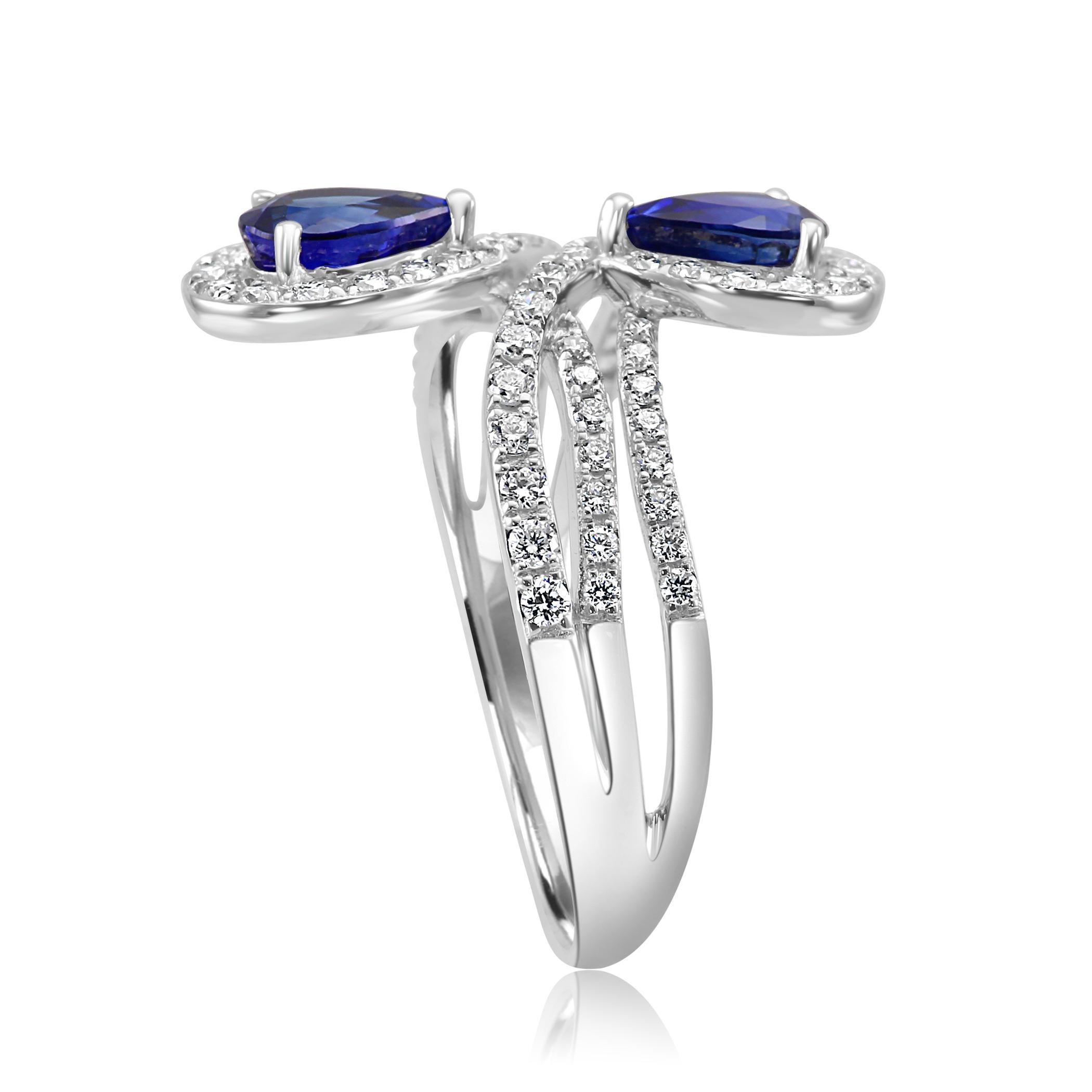 Blue Sapphire Pear Diamond Round Halo White Gold Fashion Cocktail Toi Moi Ring In New Condition In NEW YORK, NY