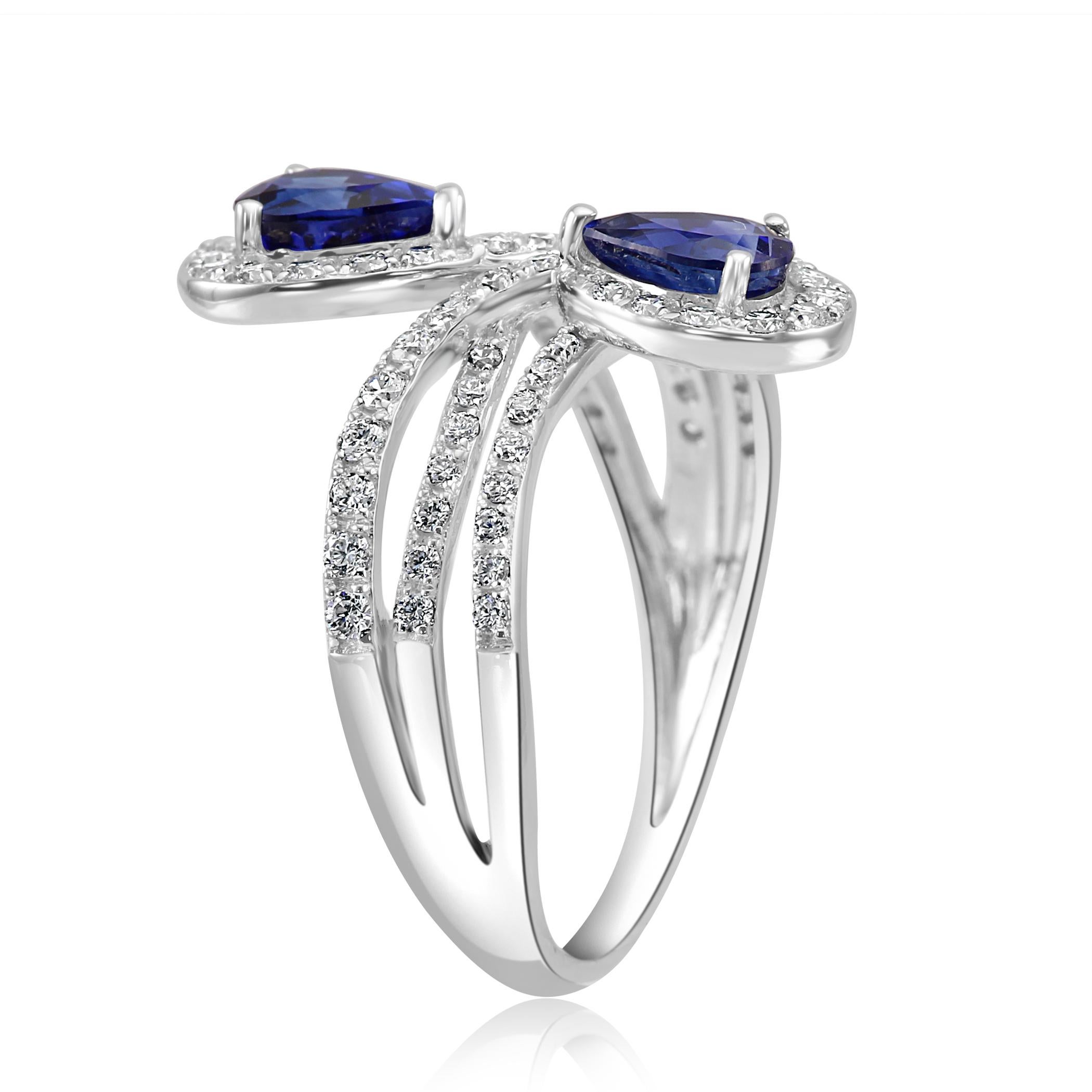 Women's or Men's Blue Sapphire Pear Diamond Round Halo White Gold Fashion Cocktail Toi Moi Ring