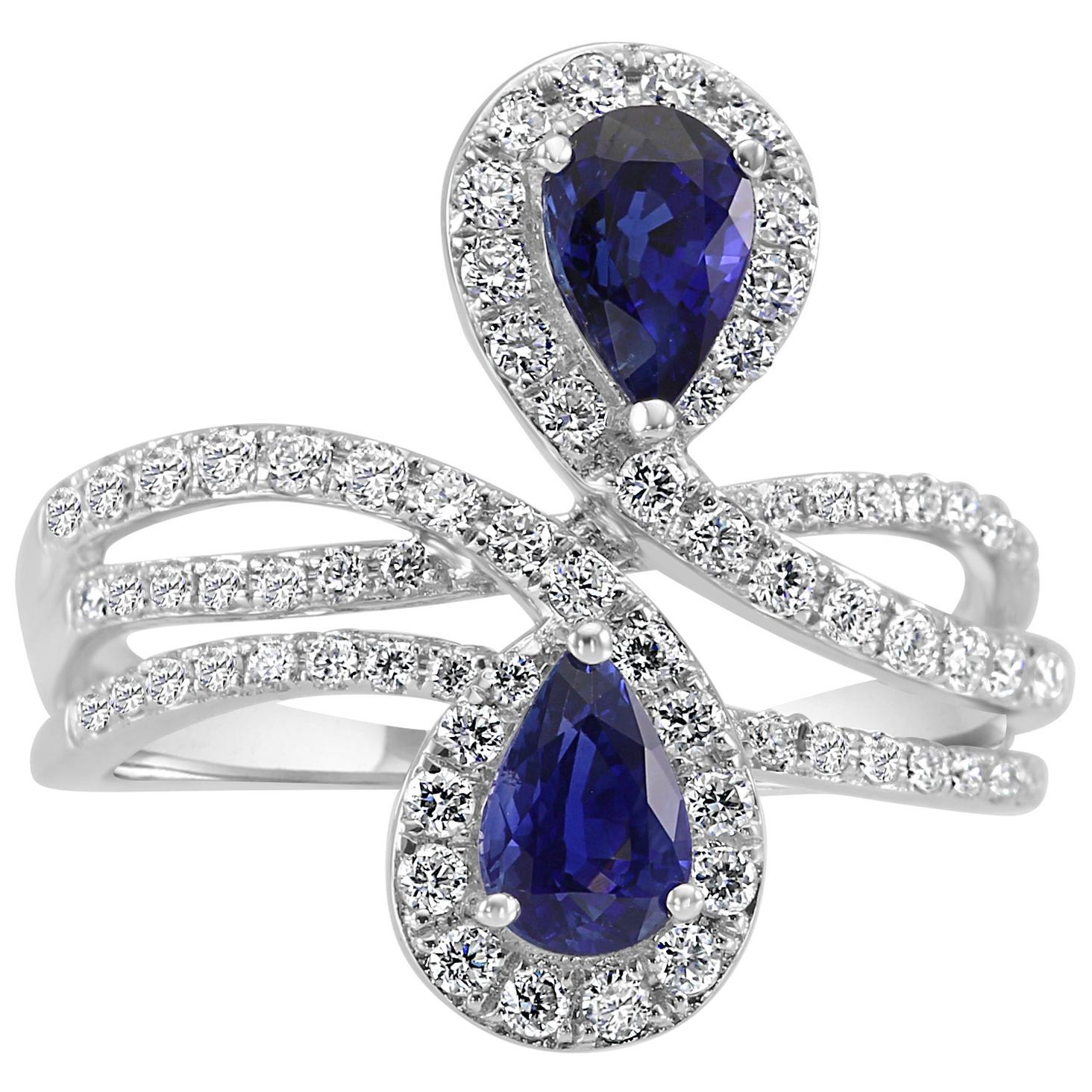 Blue Sapphire Pear Diamond Round Halo White Gold Fashion Cocktail Toi Moi Ring