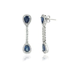 Blue Sapphire Pear Drop Dangle Earrings Studded with Diamonds in 14K White Gold