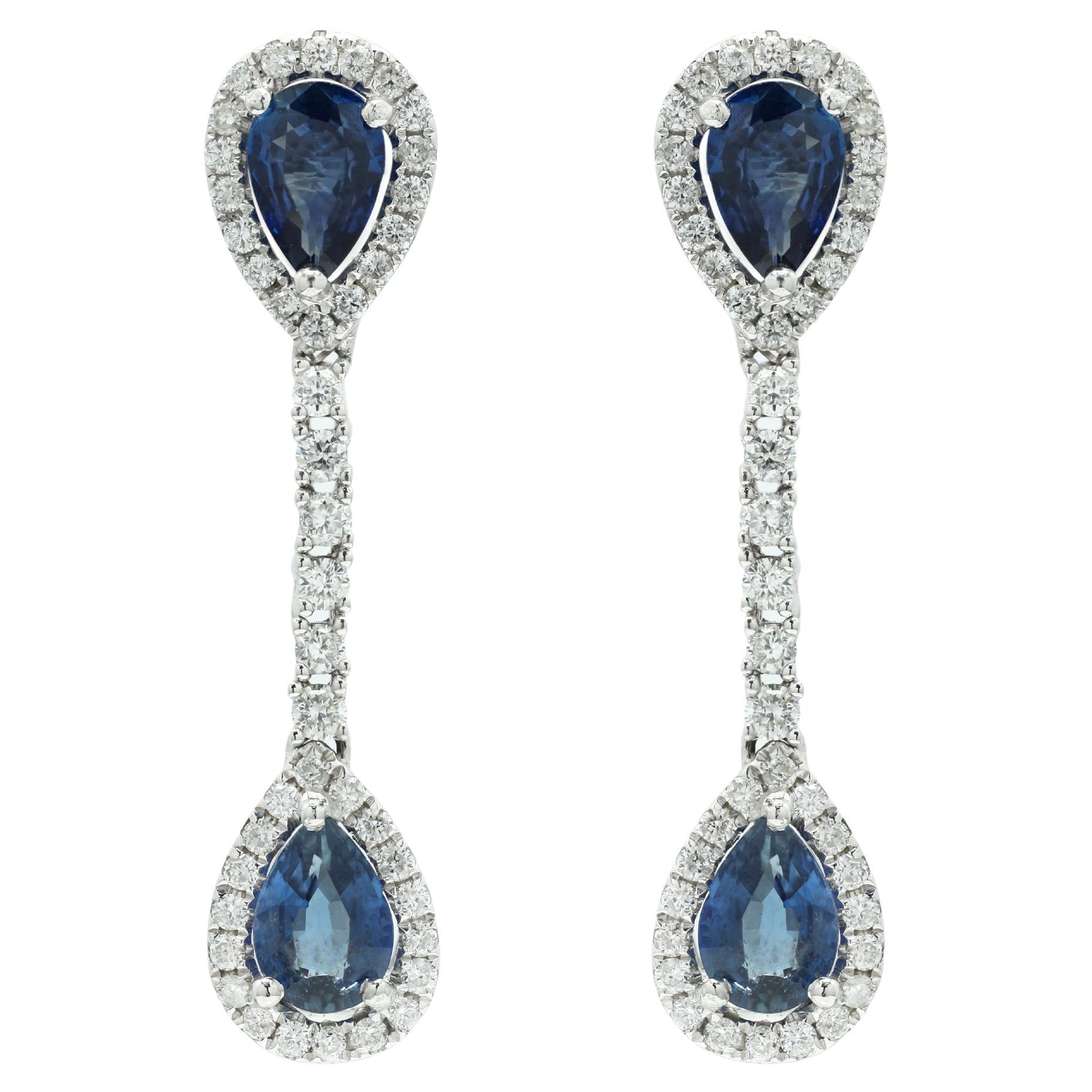 Blue Sapphire Pear Drop Dangle Earrings Studded with Diamonds in 14K White Gold For Sale