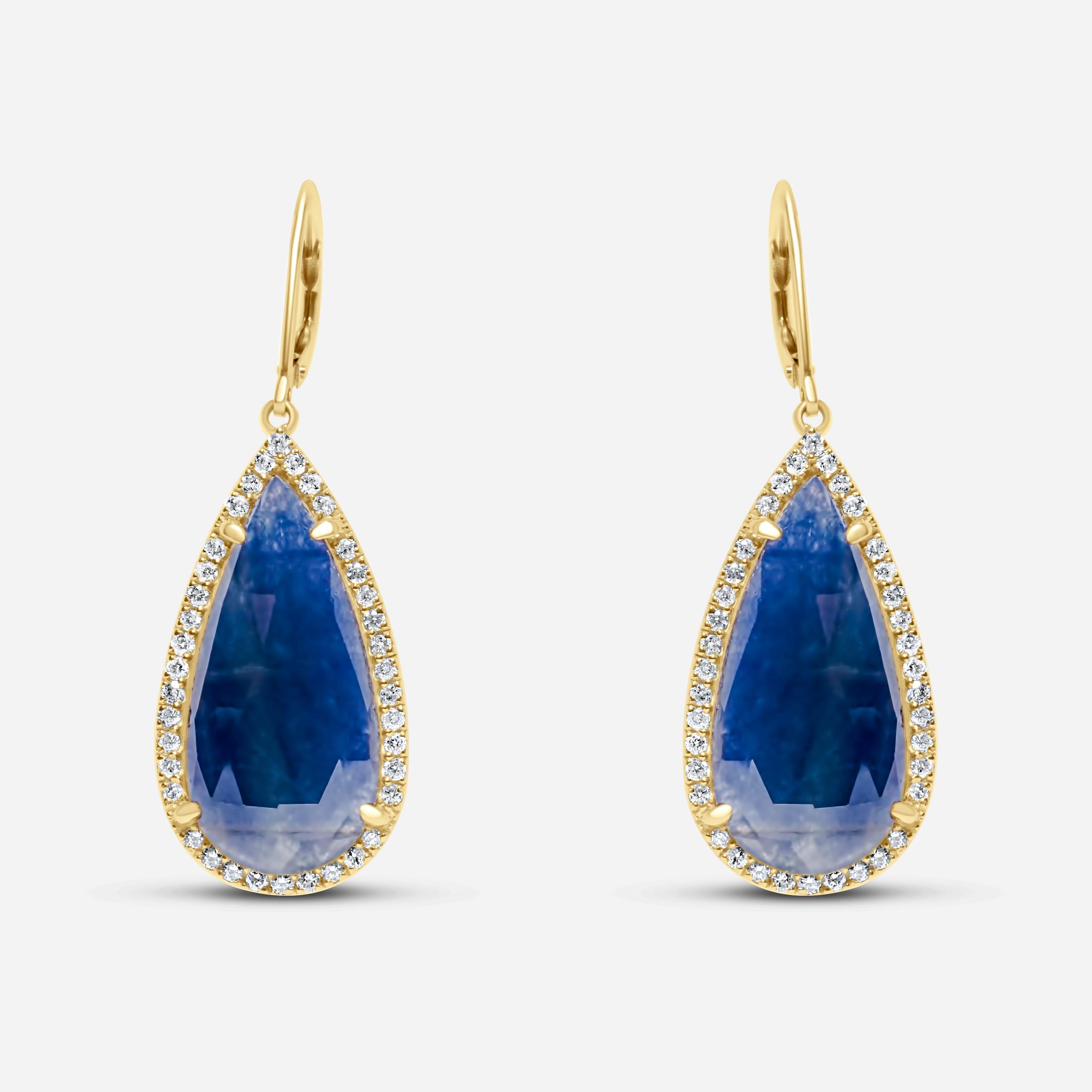 Blue Sapphire Pear Drop Faceted Cabochon Diamond Halo Drop 18K Gold Earrings

18 Karat Yellow Gold
Genuine Sapphire & Diamonds
16.5 CT Sapphires Gemstones
1.00 CTW Diamonds

Important Information:
Please note that this item will take 2-4 weeks to