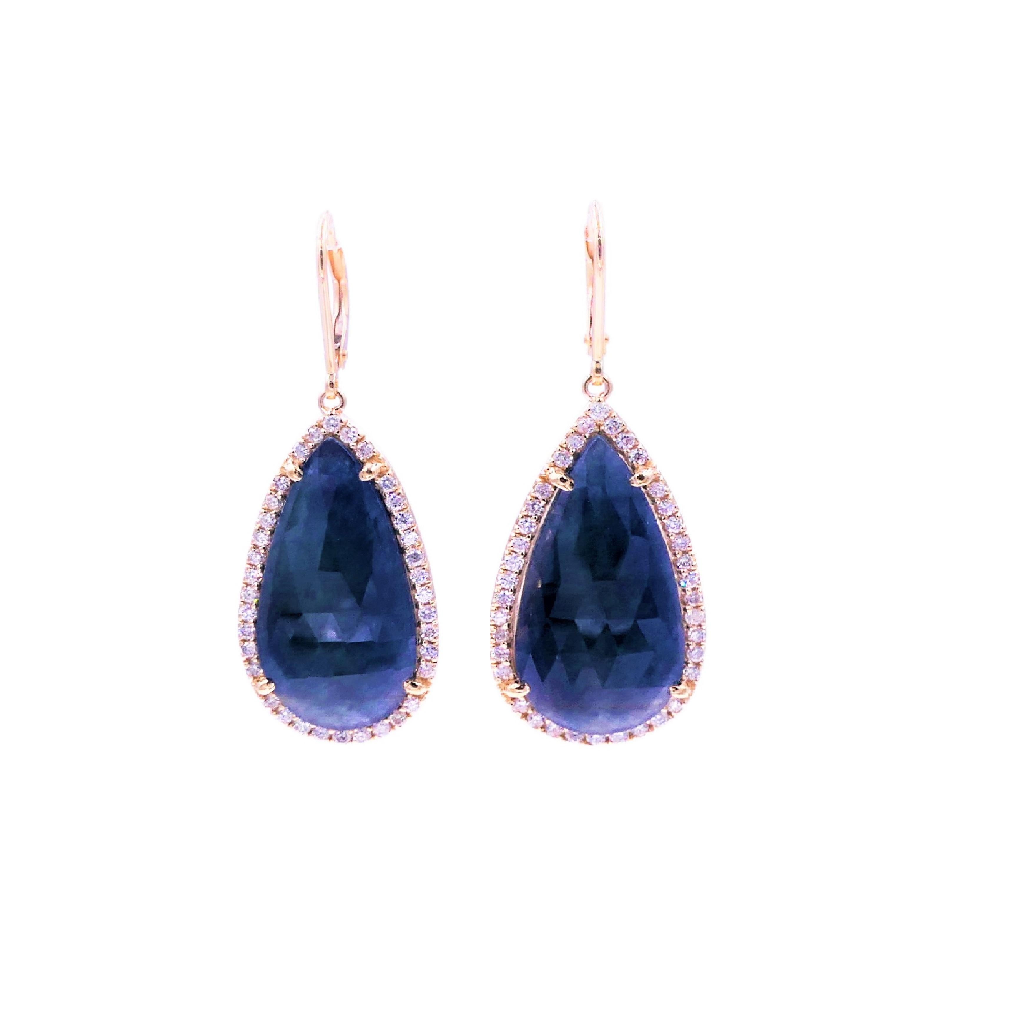 Art Deco Blue Sapphire Pear Drop Faceted Cabochon Diamond Halo Drop 18k Gold Earrings For Sale