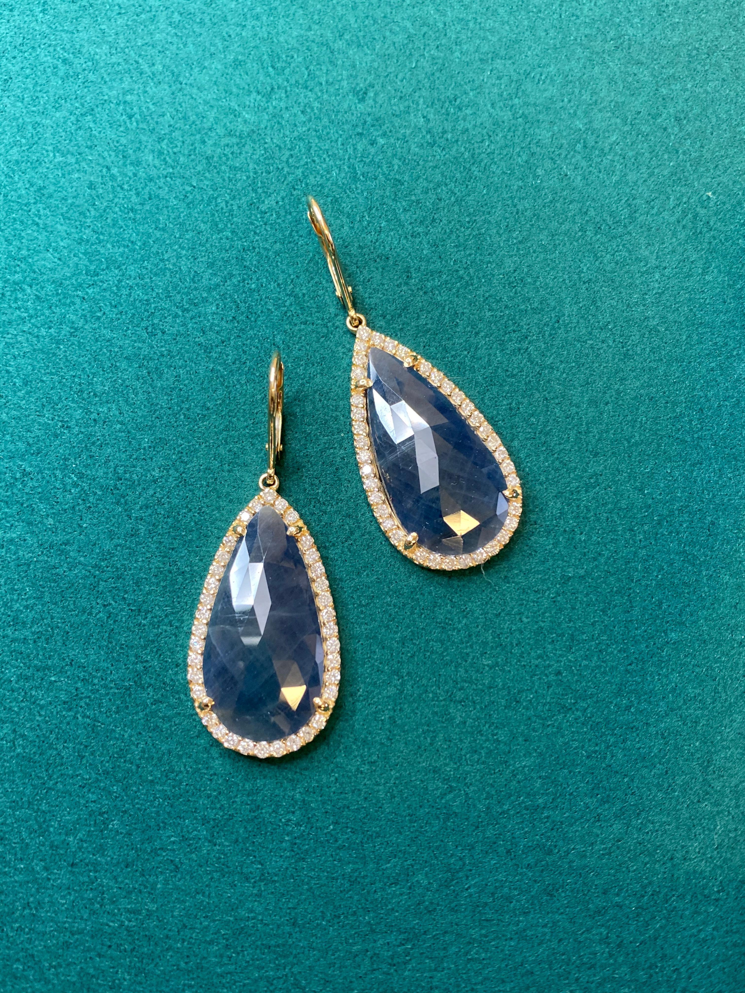 Pear Cut Blue Sapphire Pear Drop Faceted Cabochon Diamond Halo Drop 18k Gold Earrings For Sale