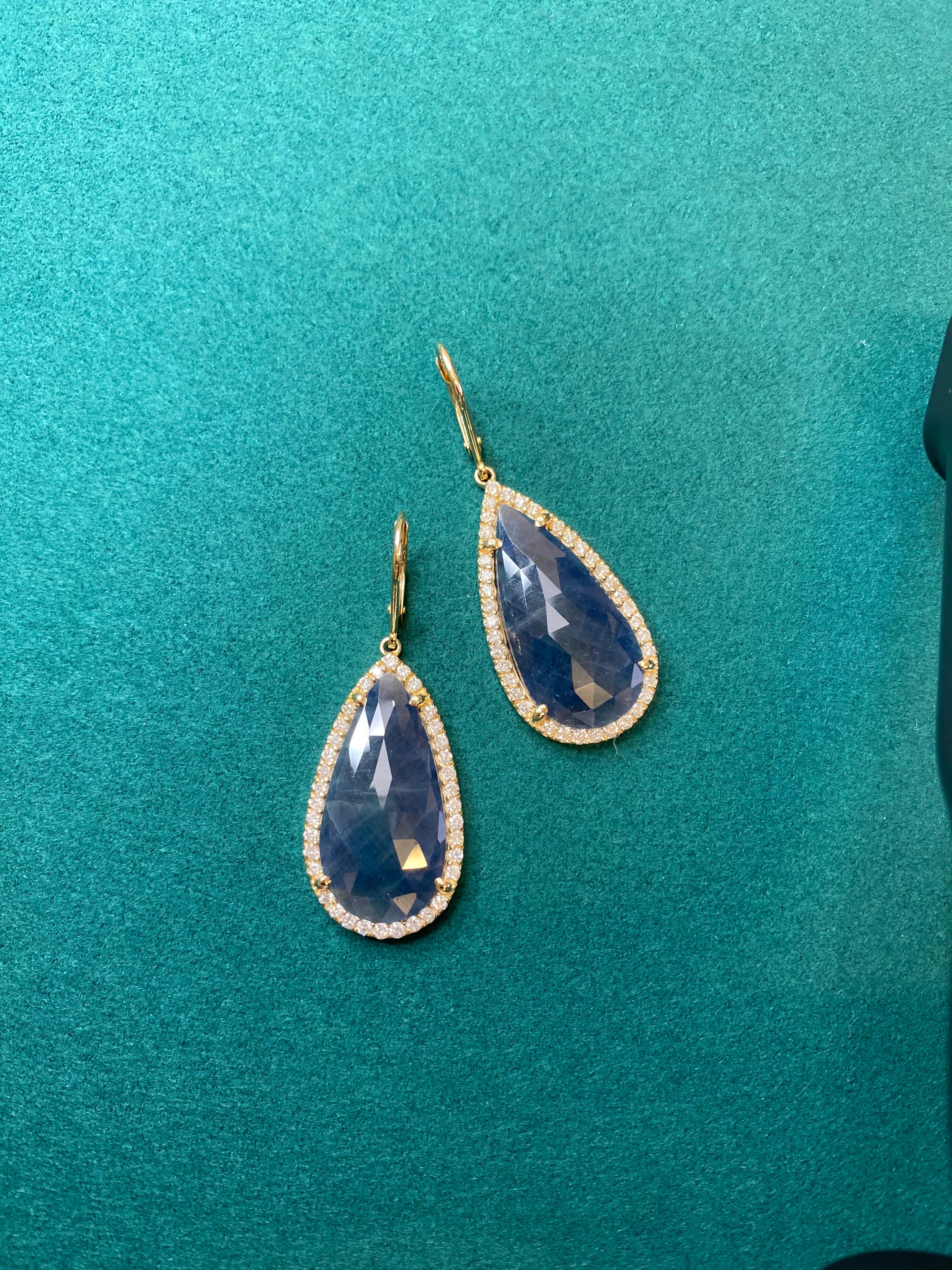 Blue Sapphire Pear Drop Faceted Cabochon Diamond Halo Drop 18k Gold Earrings In New Condition For Sale In Oakton, VA