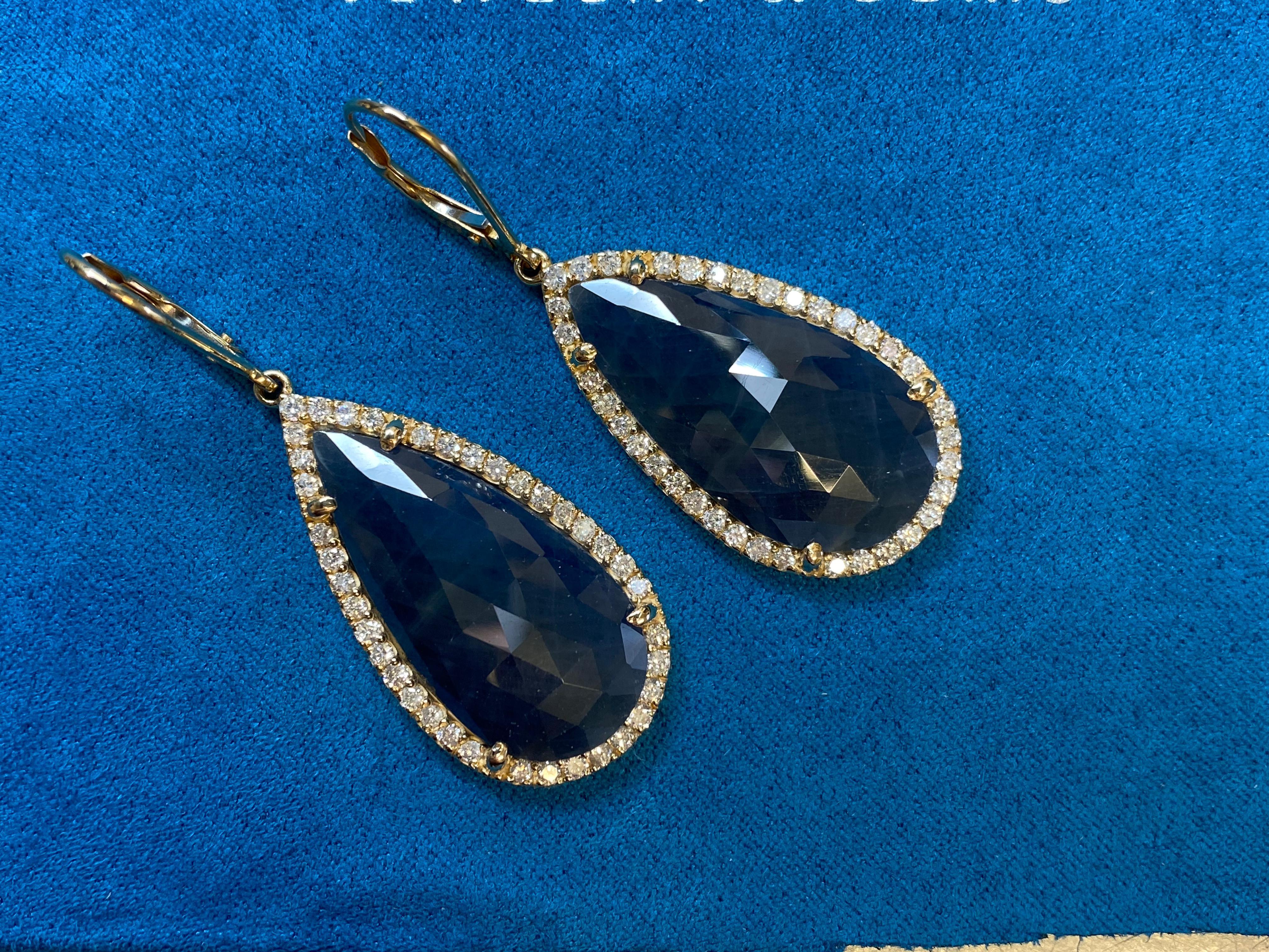 Women's Blue Sapphire Pear Drop Faceted Cabochon Diamond Halo Drop 18k Gold Earrings For Sale