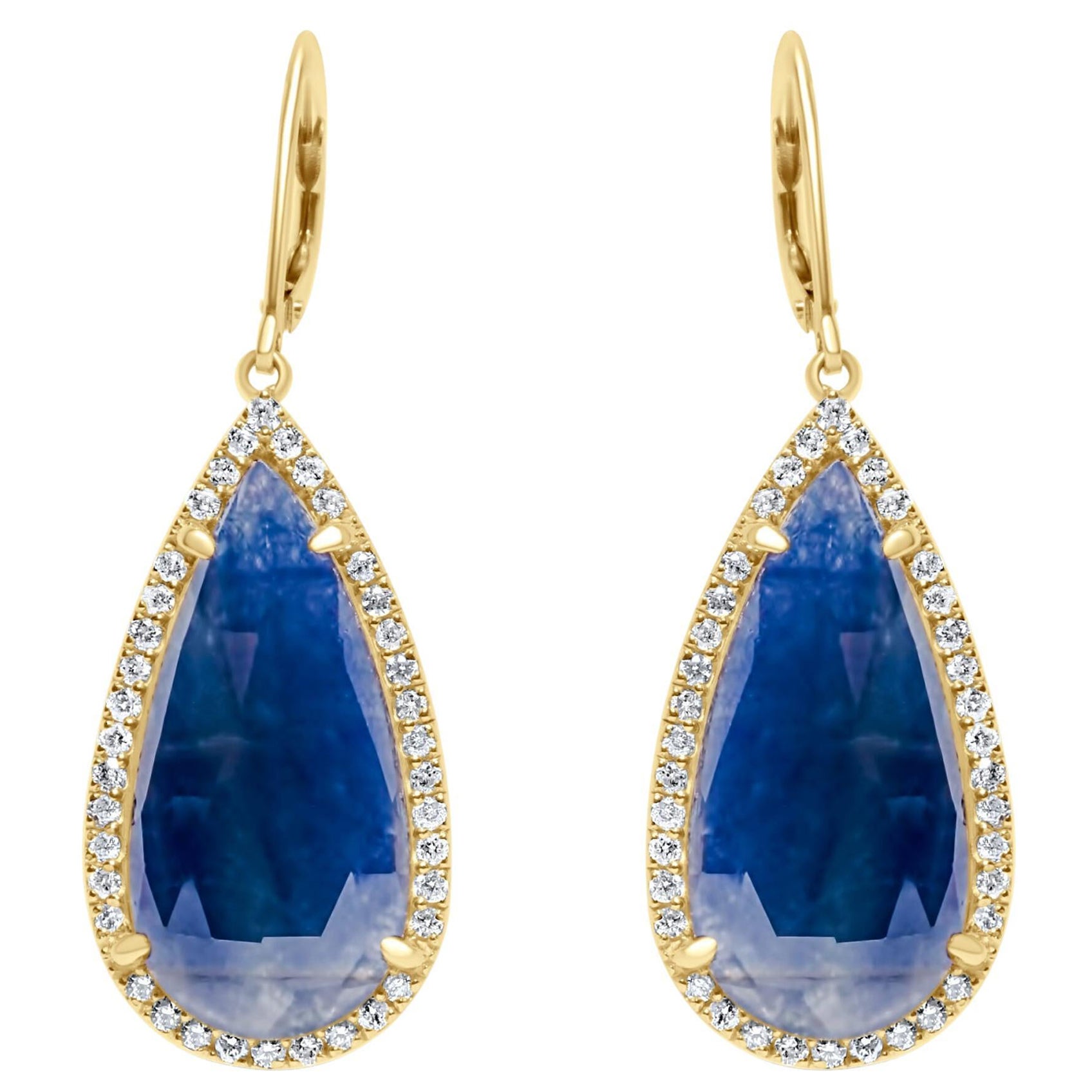 Zafiro Azul Gota de Pera Cabujón Facetado Diamante Halo Gota Pendientes Oro 18k