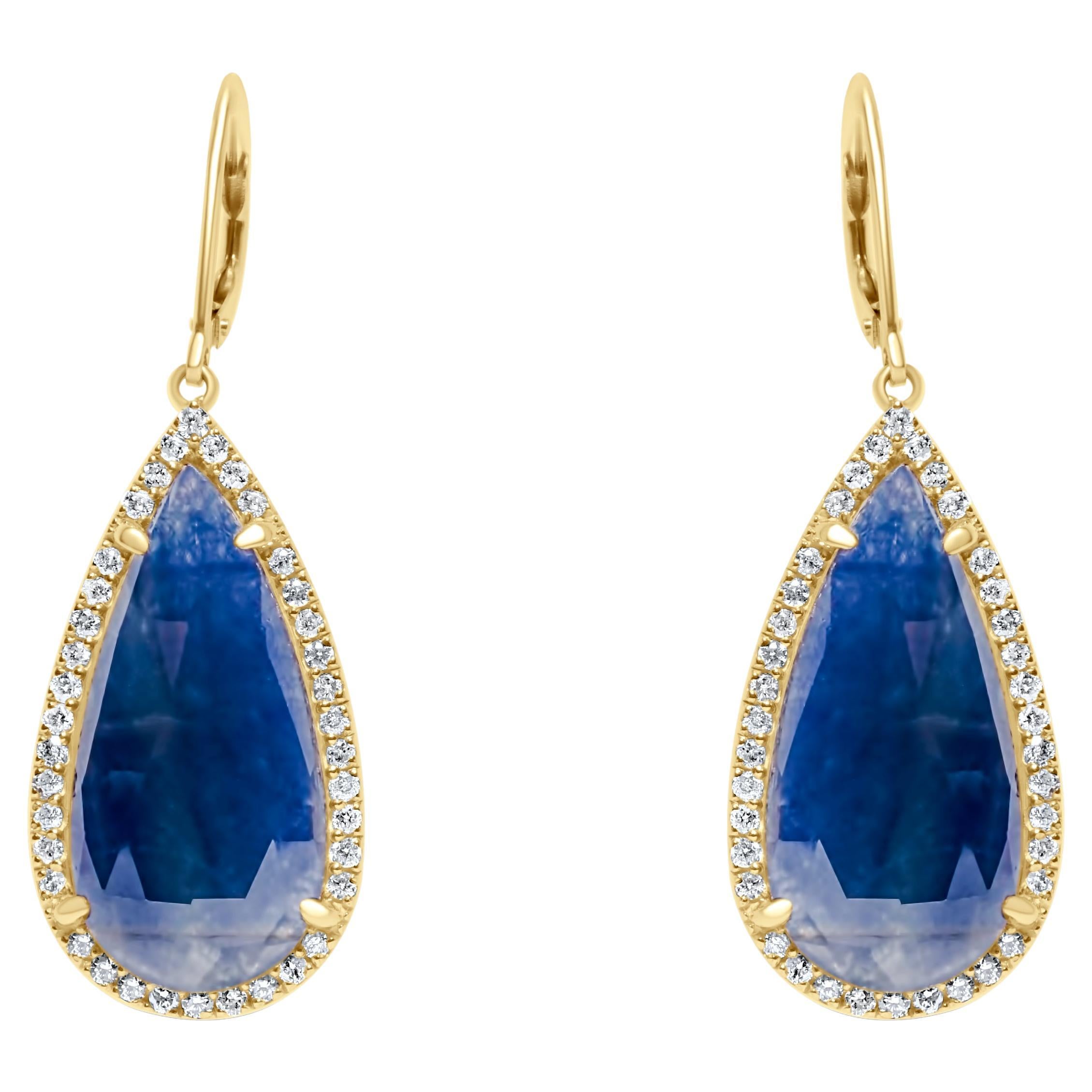 Blue Sapphire Pear Drop Faceted Cabochon Diamond Halo Drop 18k Gold Earrings For Sale