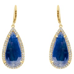 Blue Sapphire Pear Drop Faceted Cabochon Diamond Halo Drop 18k Gold Earrings
