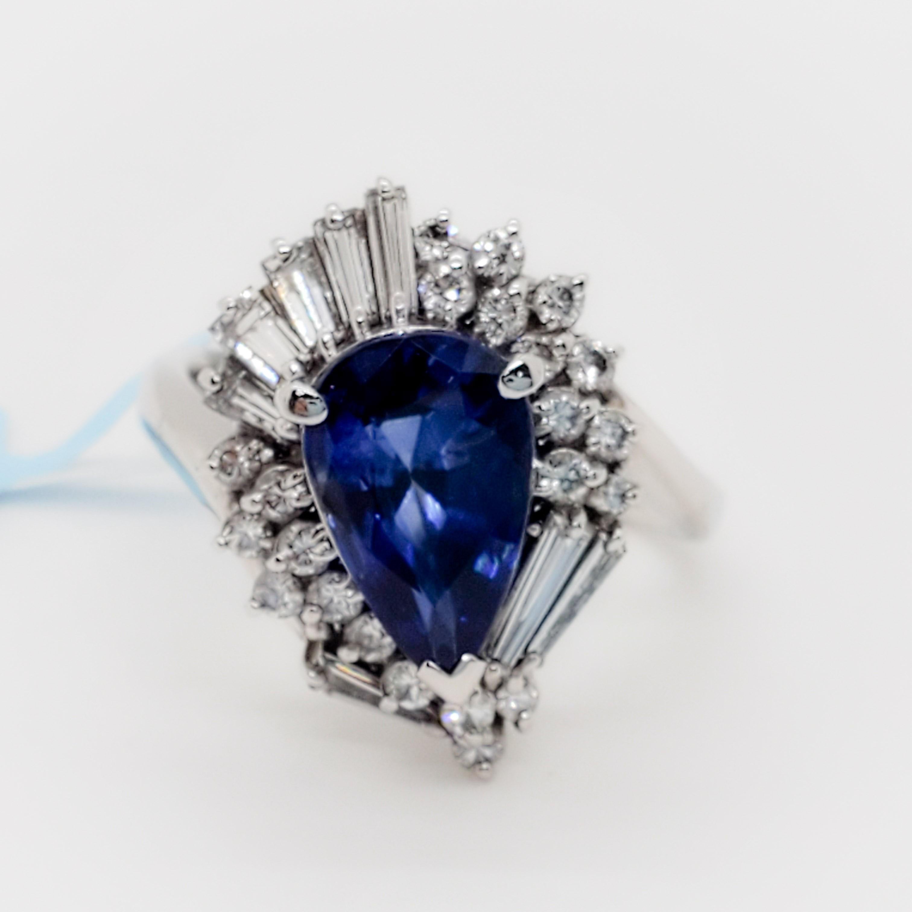 Women's or Men's Blue Sapphire Pear Shape and White Diamond Cocktail Ring in Platinum
