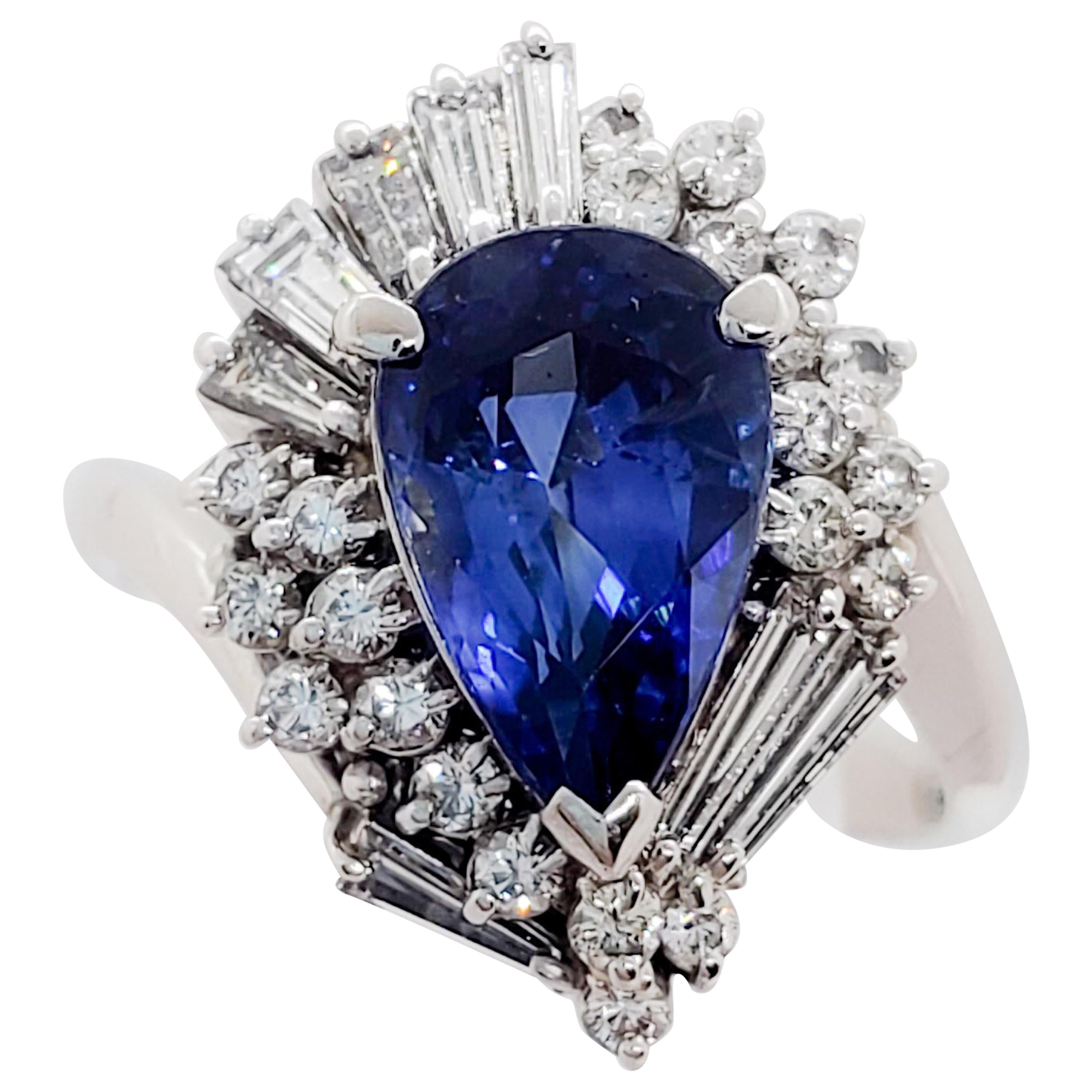 Blue Sapphire Pear Shape and White Diamond Cocktail Ring in Platinum