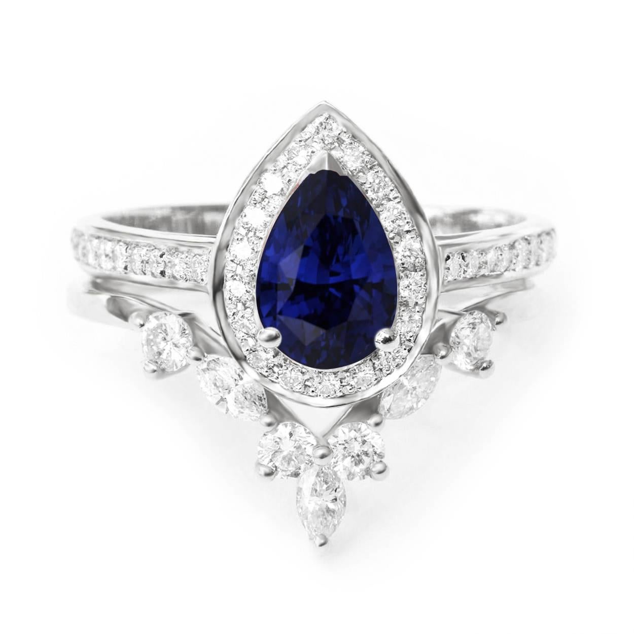 Contemporary Blue Sapphire Pear Shape & Diamonds Wedding Rings Set - 