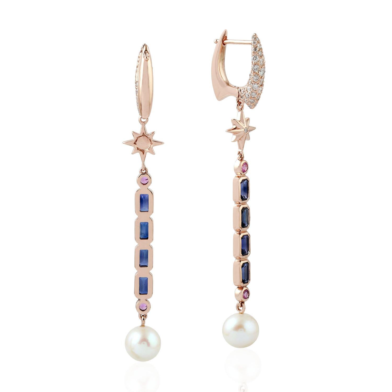 Modern Blue Sapphire Pearl 18 Karat Gold Star Diamond Earrings For Sale