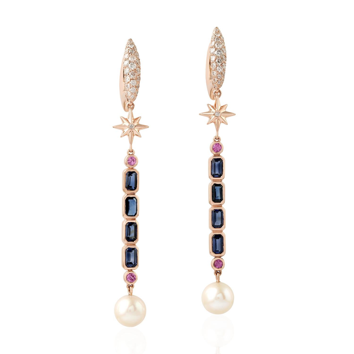 Mixed Cut Blue Sapphire Pearl 18 Karat Gold Star Diamond Earrings For Sale