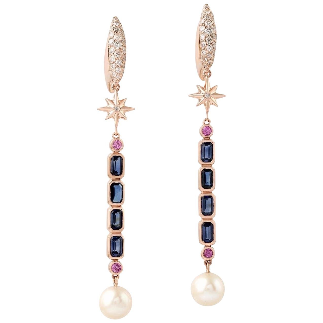Blue Sapphire Pearl 18 Karat Gold Star Diamond Earrings