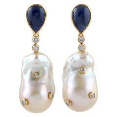 Boucles d'oreilles en or 18 carats, saphir bleu, perle et diamant