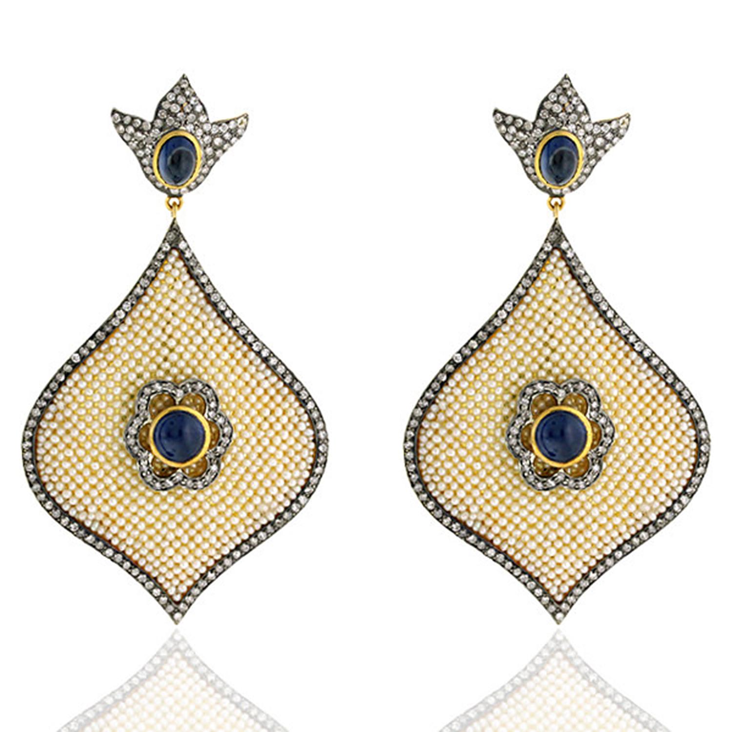 Mixed Cut Blue Sapphire Pearl Diamond Earrings For Sale