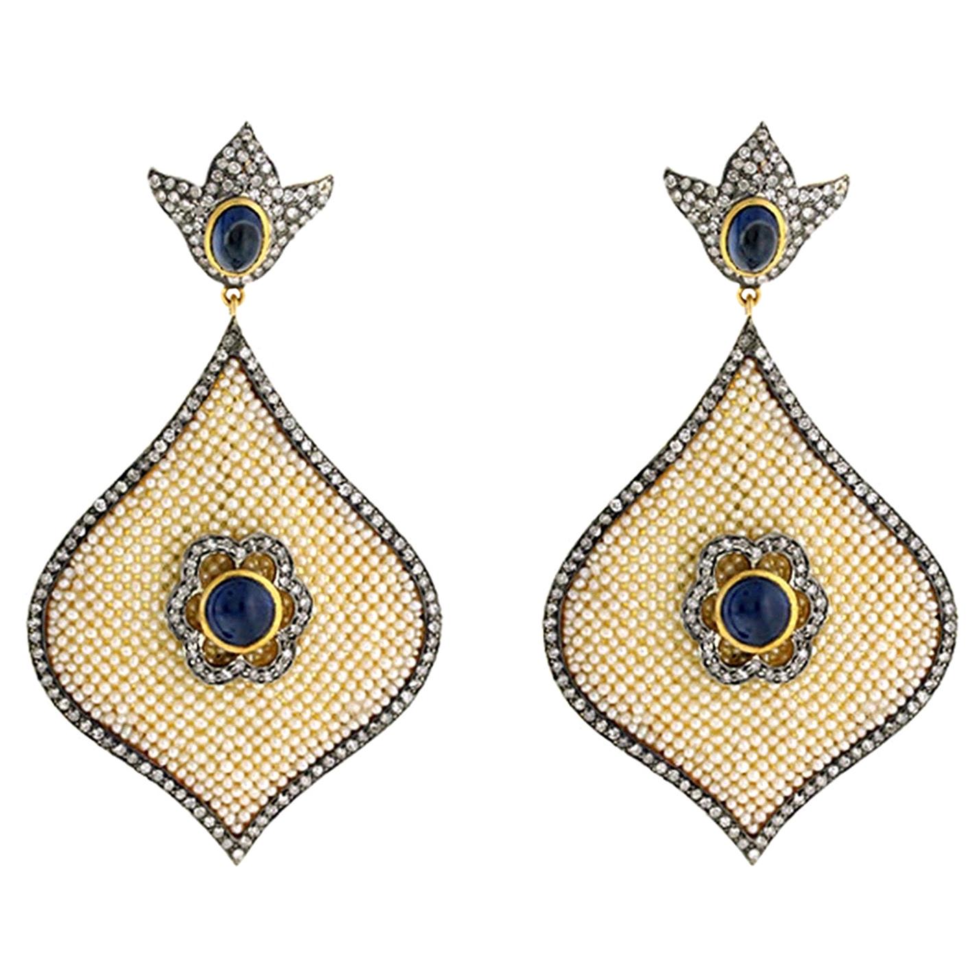 Blue Sapphire Pearl Diamond Earrings For Sale