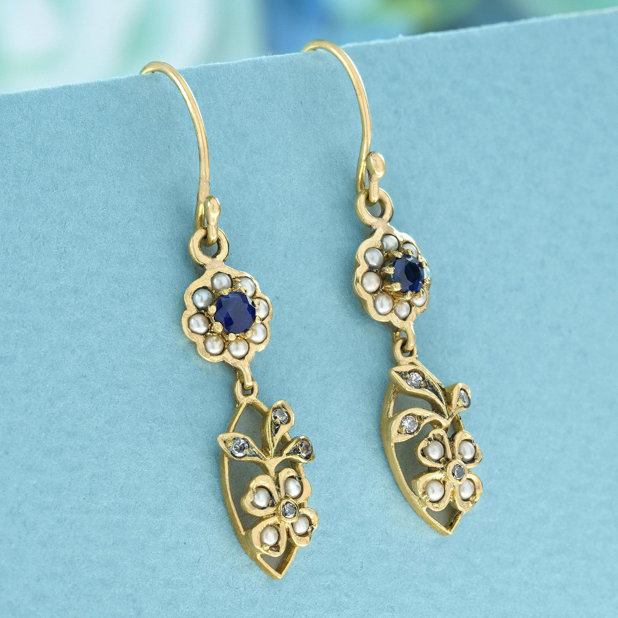 Edwardian Blue Sapphire Pearl Diamond Vintage Style Floral Drop Earrings in Solid 9K Gold For Sale