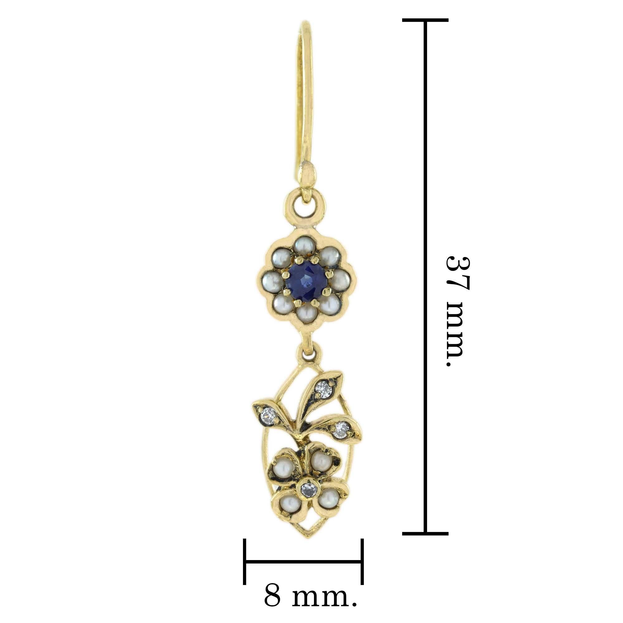 Blue Sapphire Pearl Diamond Vintage Style Floral Drop Earrings in Solid 9K Gold In New Condition For Sale In Bangkok, TH