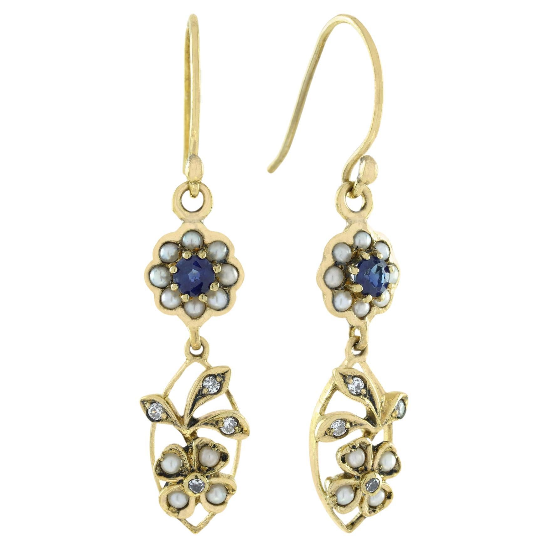 Blue Sapphire Pearl Diamond Vintage Style Floral Drop Earrings in Solid 9K Gold For Sale