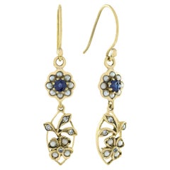 Blue Sapphire Pearl Diamond Vintage Style Floral Drop Earrings in Solid 9K Gold