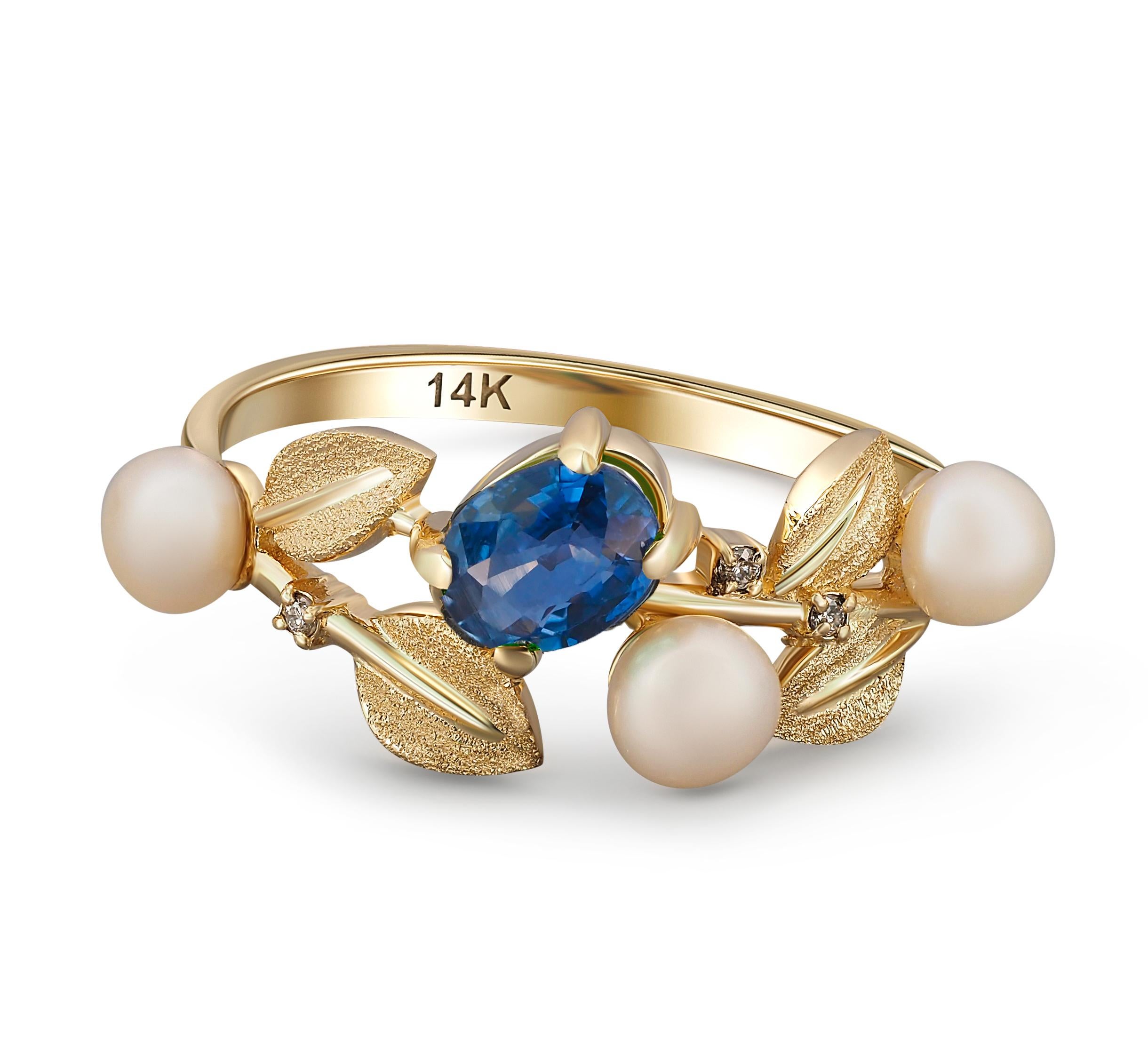 Blue sapphire, pearl, diamonds 14k gold ring. 
Gold leaves ring. September birthstone. Gold Branch ring. Oval sapphire gold ring.

Metal: 14k gold
Weight: 1.8 g. depends from size.
 
Central stone: sapphire
Cut: Oval
Weight: aprx 0.8 ct.
Color: