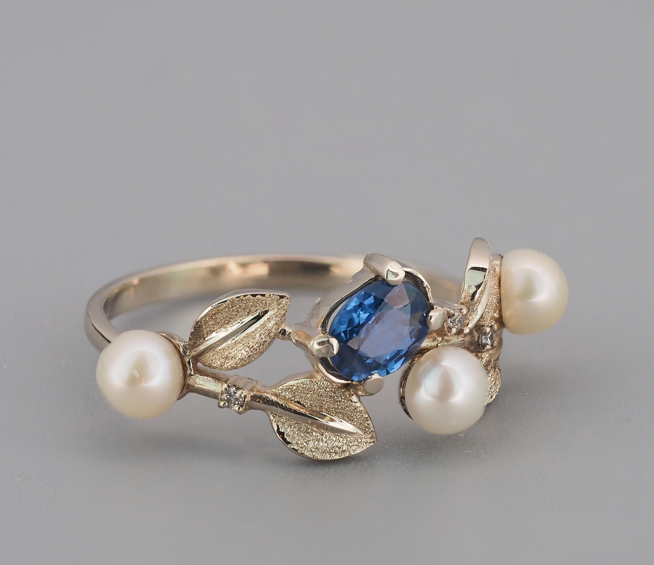 Modern Blue sapphire, pearl, diamonds 14k gold ring.  For Sale