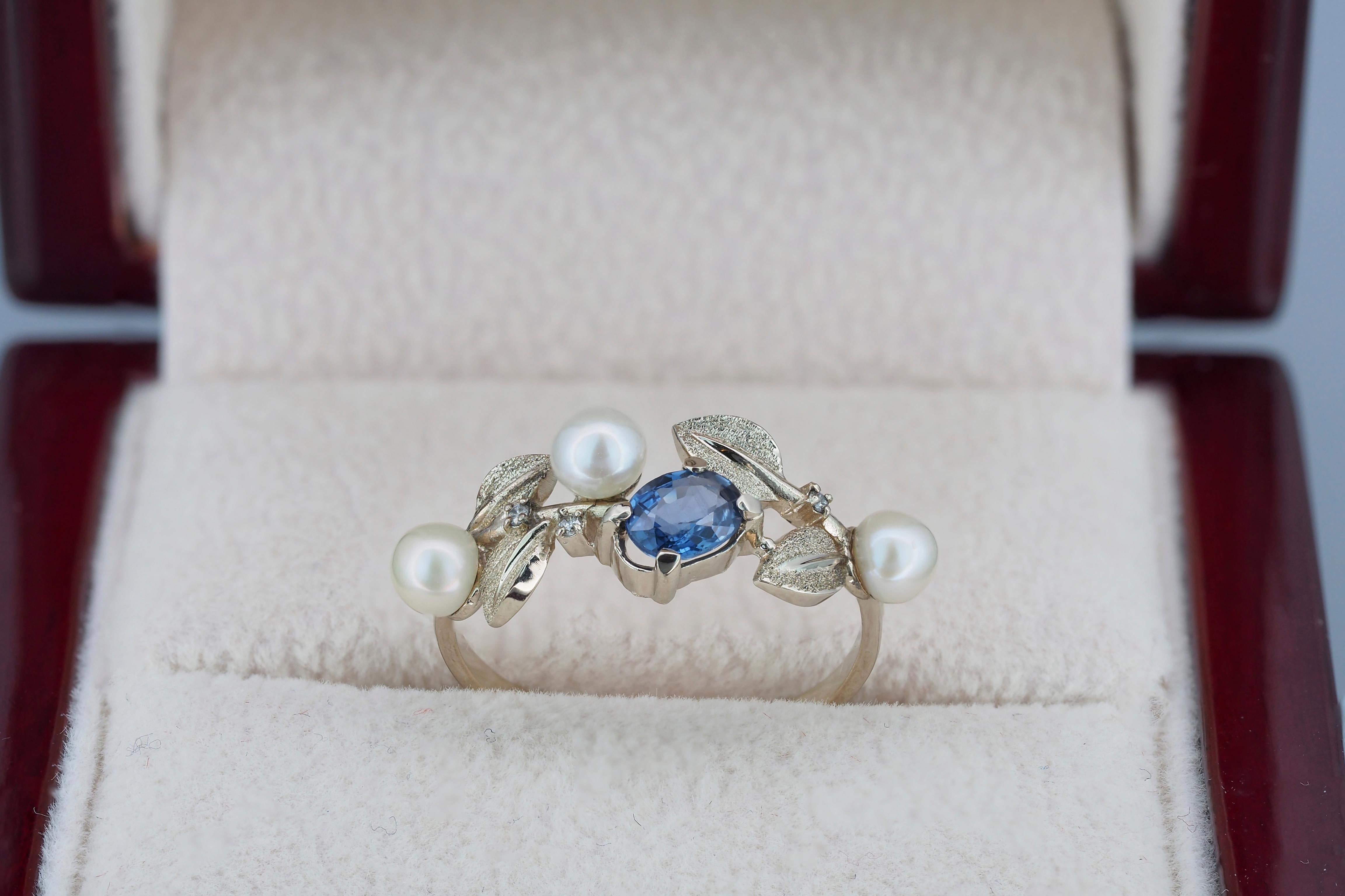 Blue sapphire, pearl, diamonds 14k gold ring.  In New Condition For Sale In Istanbul, TR
