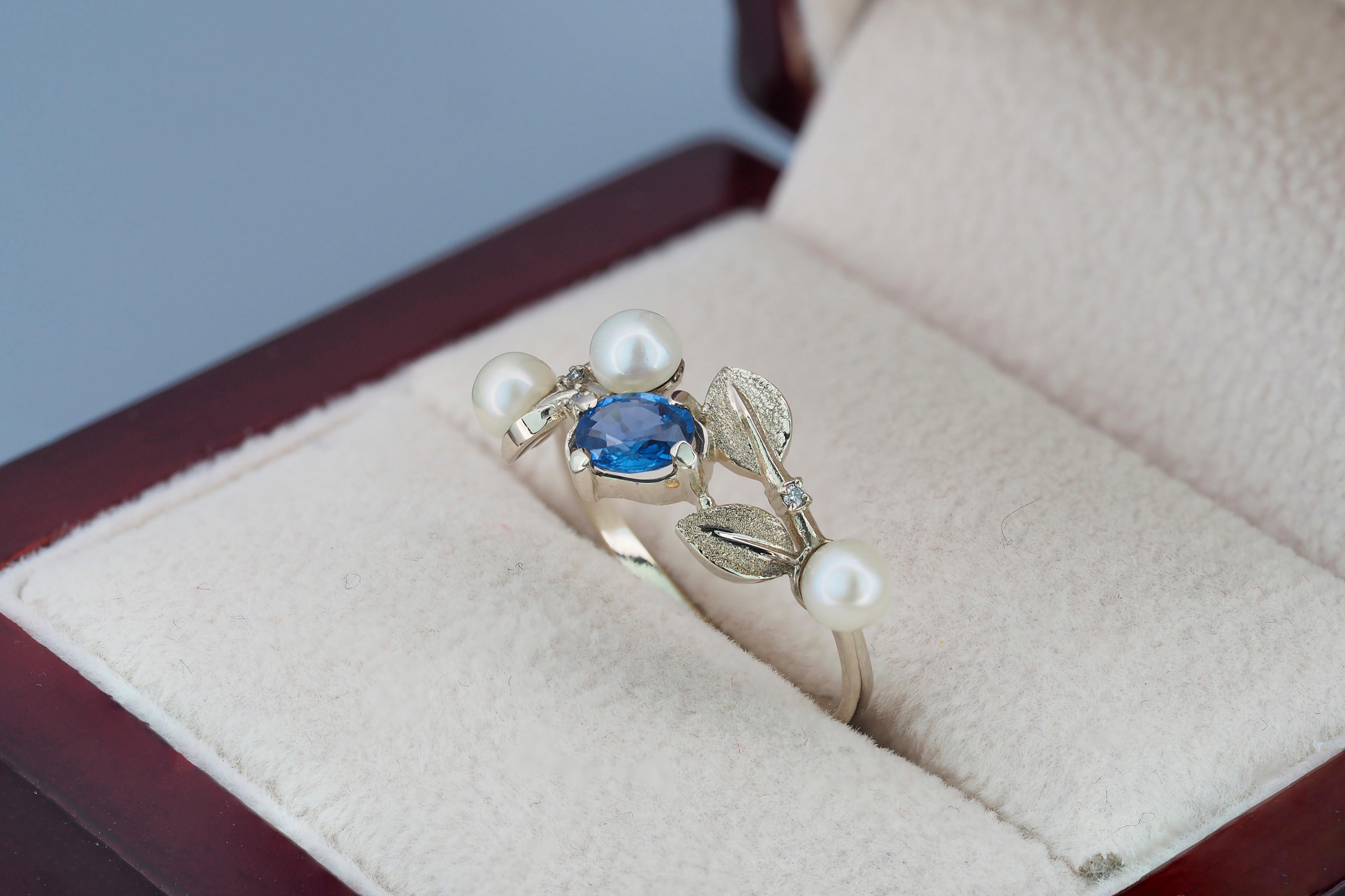 Blue sapphire, pearl, diamonds 14k gold ring.  For Sale 1